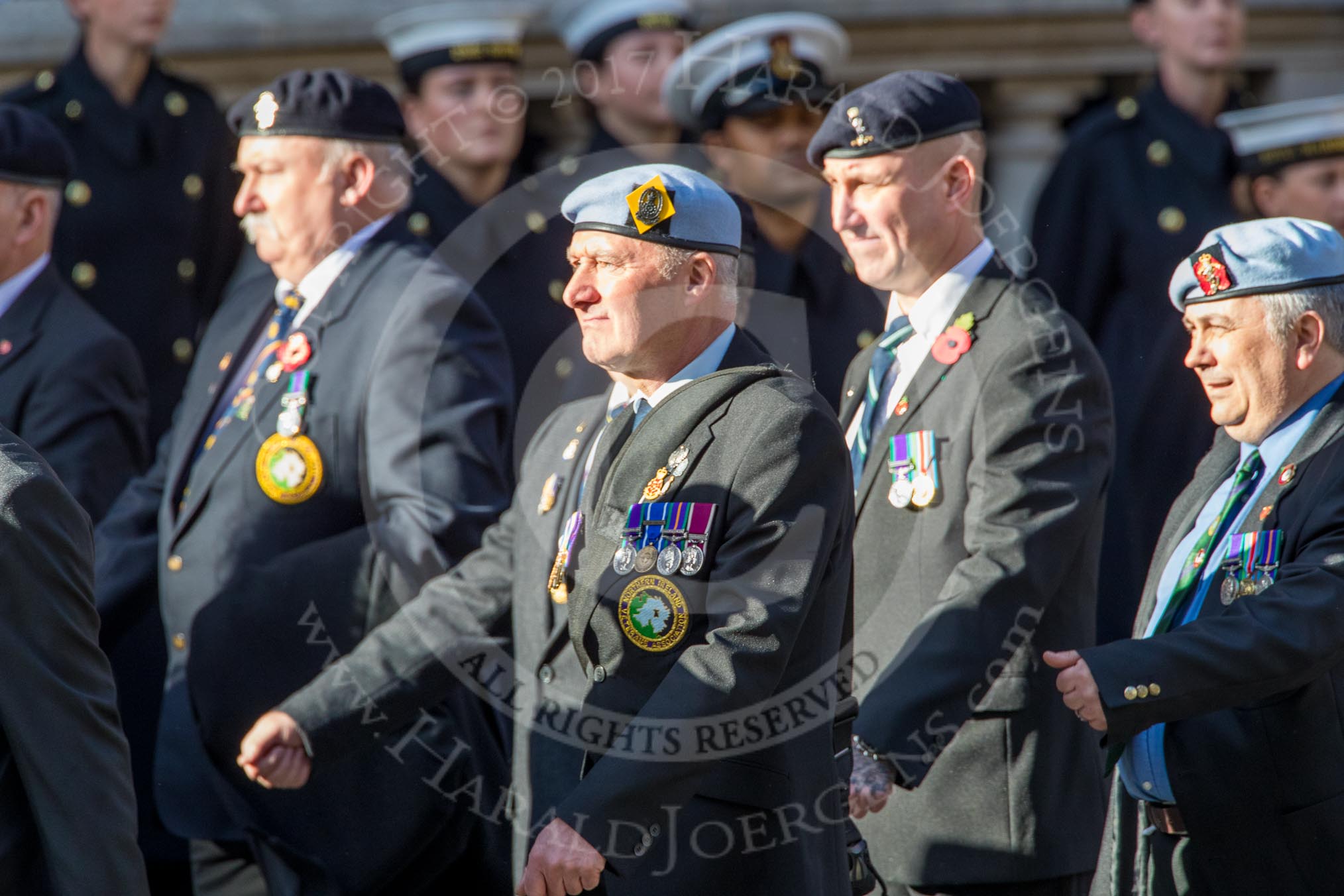 Northern Ireland Veteran's Association  (Group D2, 36 members) during the Royal British Legion March Past on Remembrance Sunday at the Cenotaph, Whitehall, Westminster, London, 11 November 2018, 12:20.