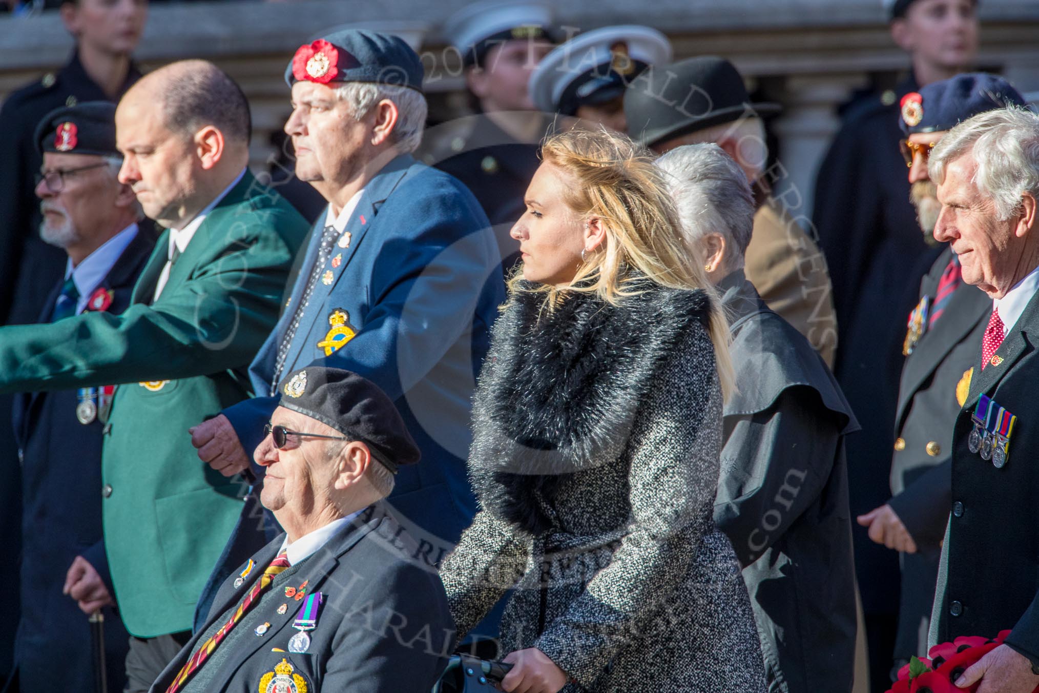Stoll (Group D3, 18 members) during the Royal British Legion March Past on Remembrance Sunday at the Cenotaph, Whitehall, Westminster, London, 11 November 2018, 12:20.
