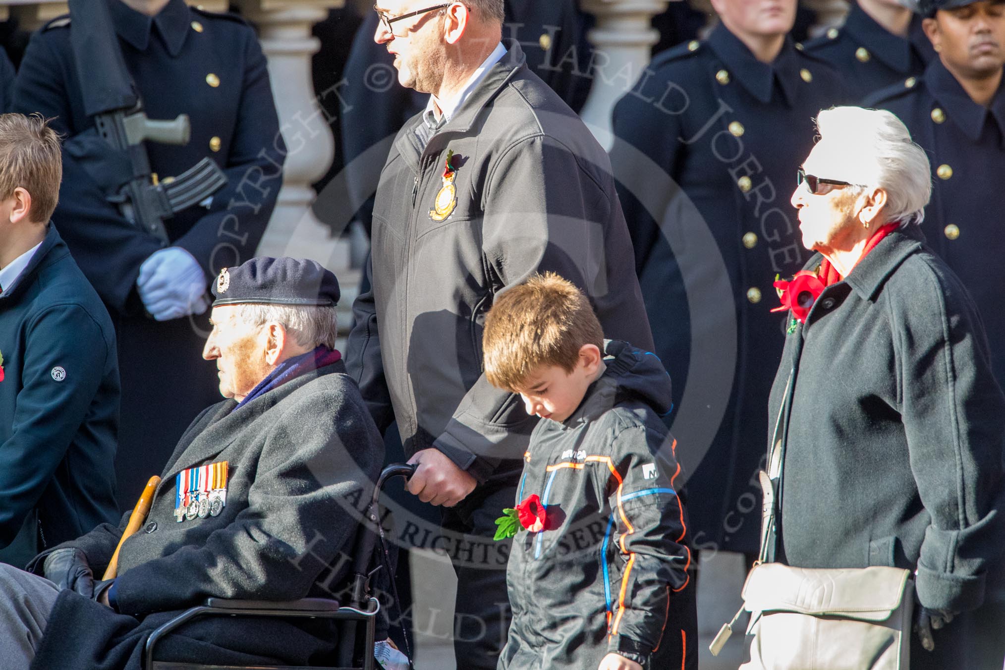 British Nuclear Tests Veterans Association  (Group D5, 30 members) during the Royal British Legion March Past on Remembrance Sunday at the Cenotaph, Whitehall, Westminster, London, 11 November 2018, 12:21.