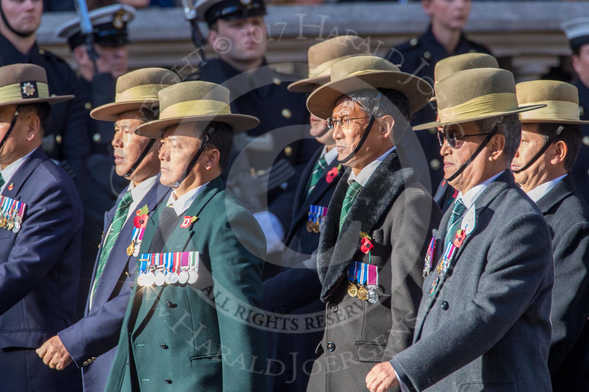 British Gurkha Welfare Society (Group D6, 5 members) during the Royal British Legion March Past on Remembrance Sunday at the Cenotaph, Whitehall, Westminster, London, 11 November 2018, 12:21.