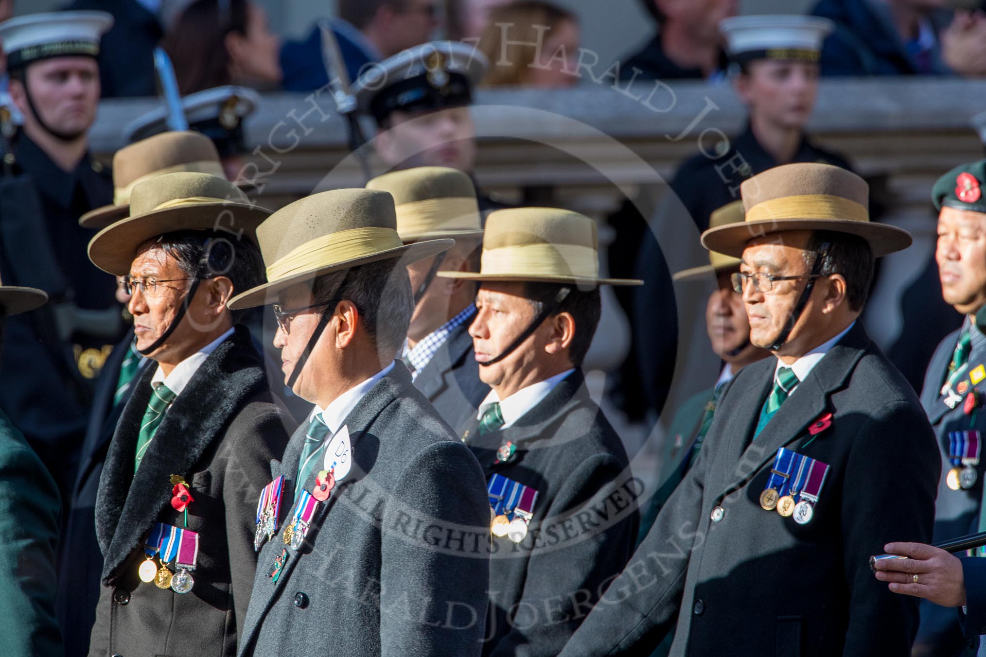 British Gurkha Welfare Society (Group D6, 5 members) during the Royal British Legion March Past on Remembrance Sunday at the Cenotaph, Whitehall, Westminster, London, 11 November 2018, 12:21.