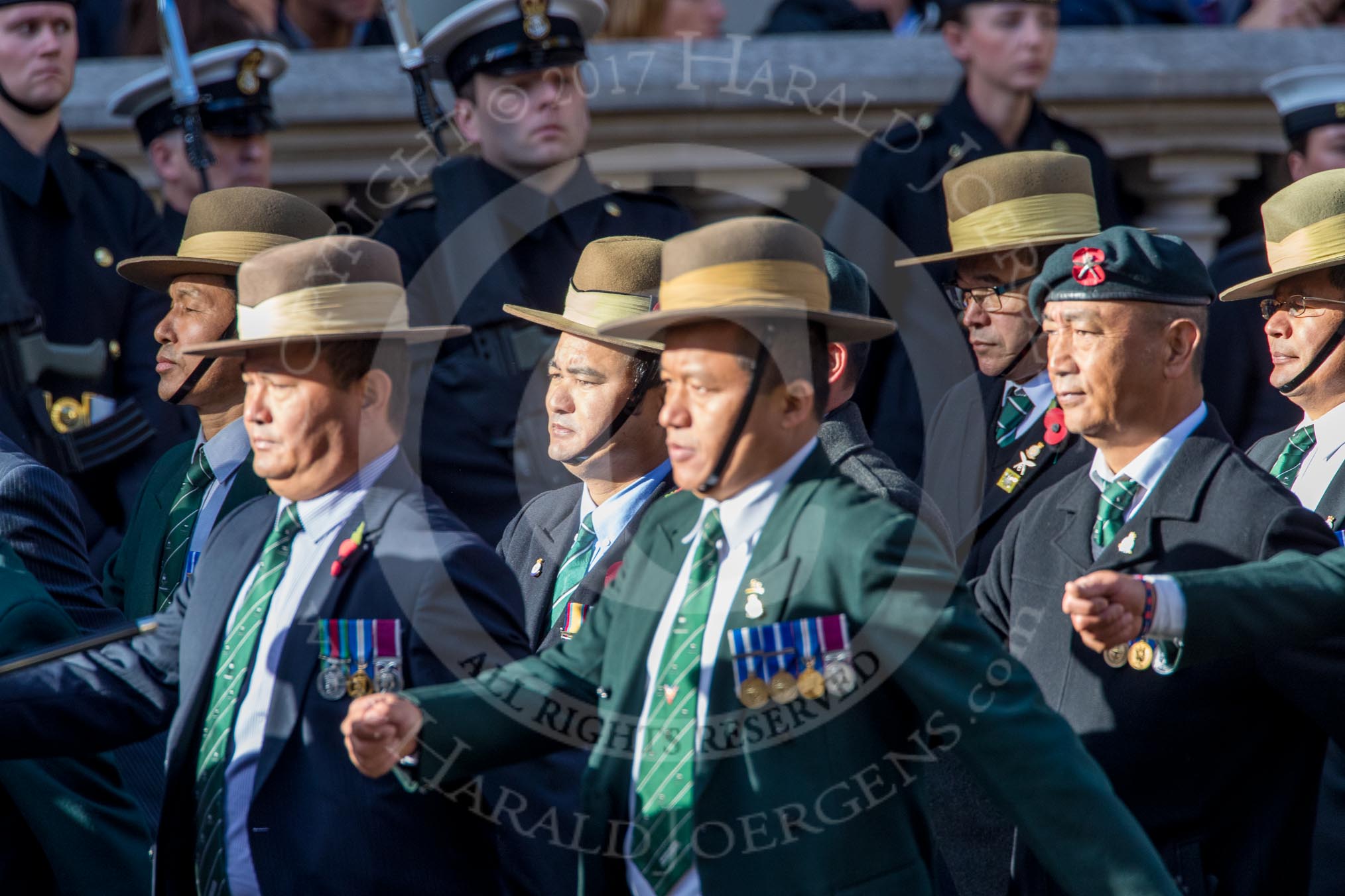 British Gurkha Welfare Society (Group D6, 5 members) during the Royal British Legion March Past on Remembrance Sunday at the Cenotaph, Whitehall, Westminster, London, 11 November 2018, 12:21.