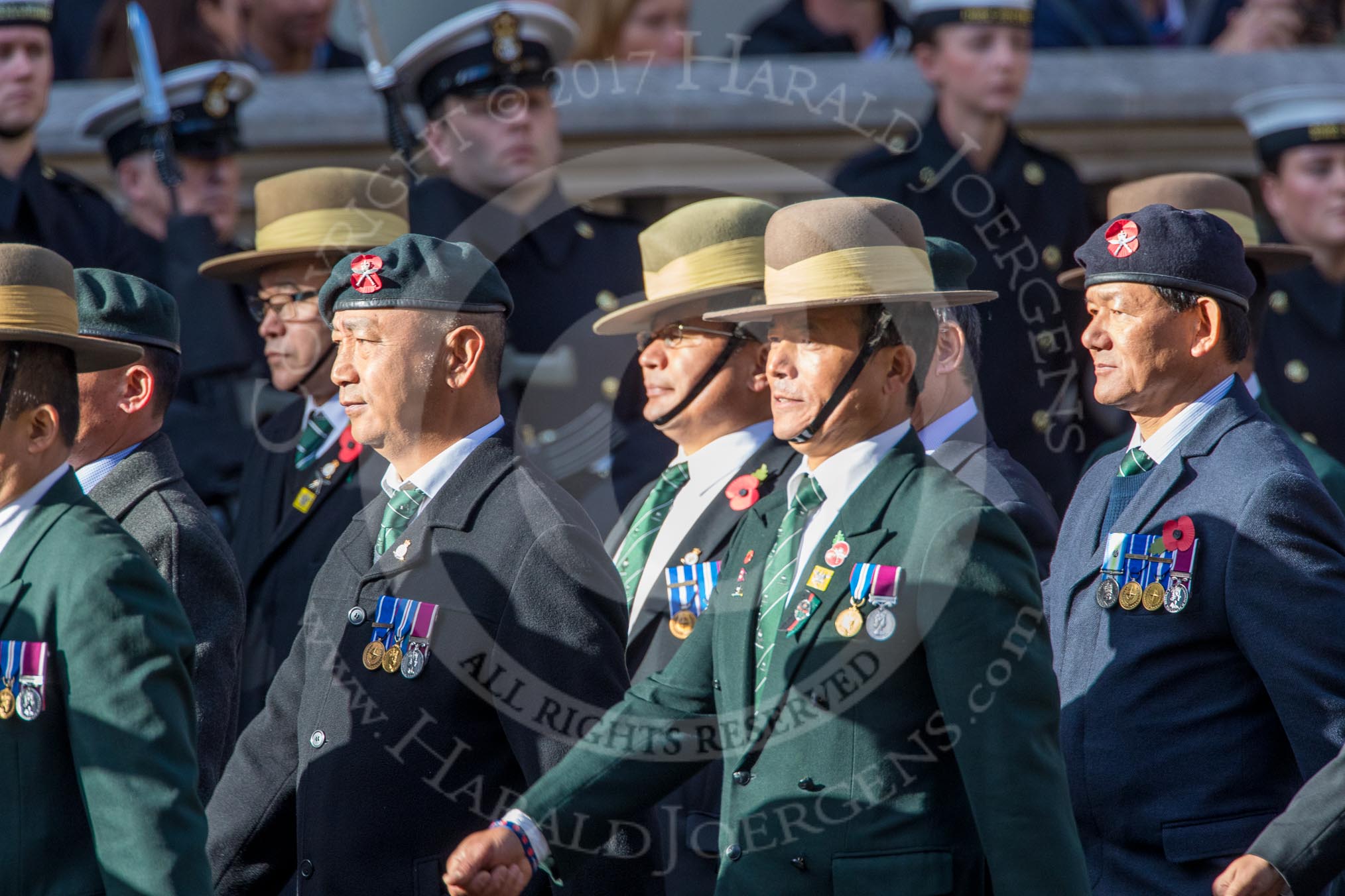 British Gurkha Welfare Society (Group D6, 5 members) during the Royal British Legion March Past on Remembrance Sunday at the Cenotaph, Whitehall, Westminster, London, 11 November 2018, 12:21.