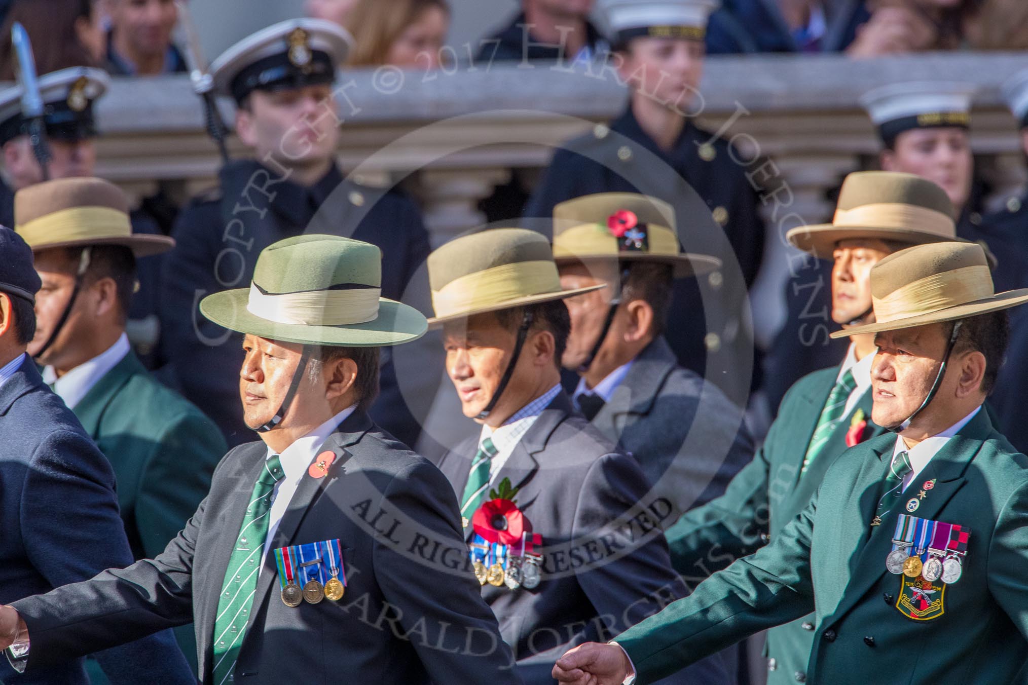 British Gurkha Welfare Society (Group D6, 5 members) during the Royal British Legion March Past on Remembrance Sunday at the Cenotaph, Whitehall, Westminster, London, 11 November 2018, 12:21.