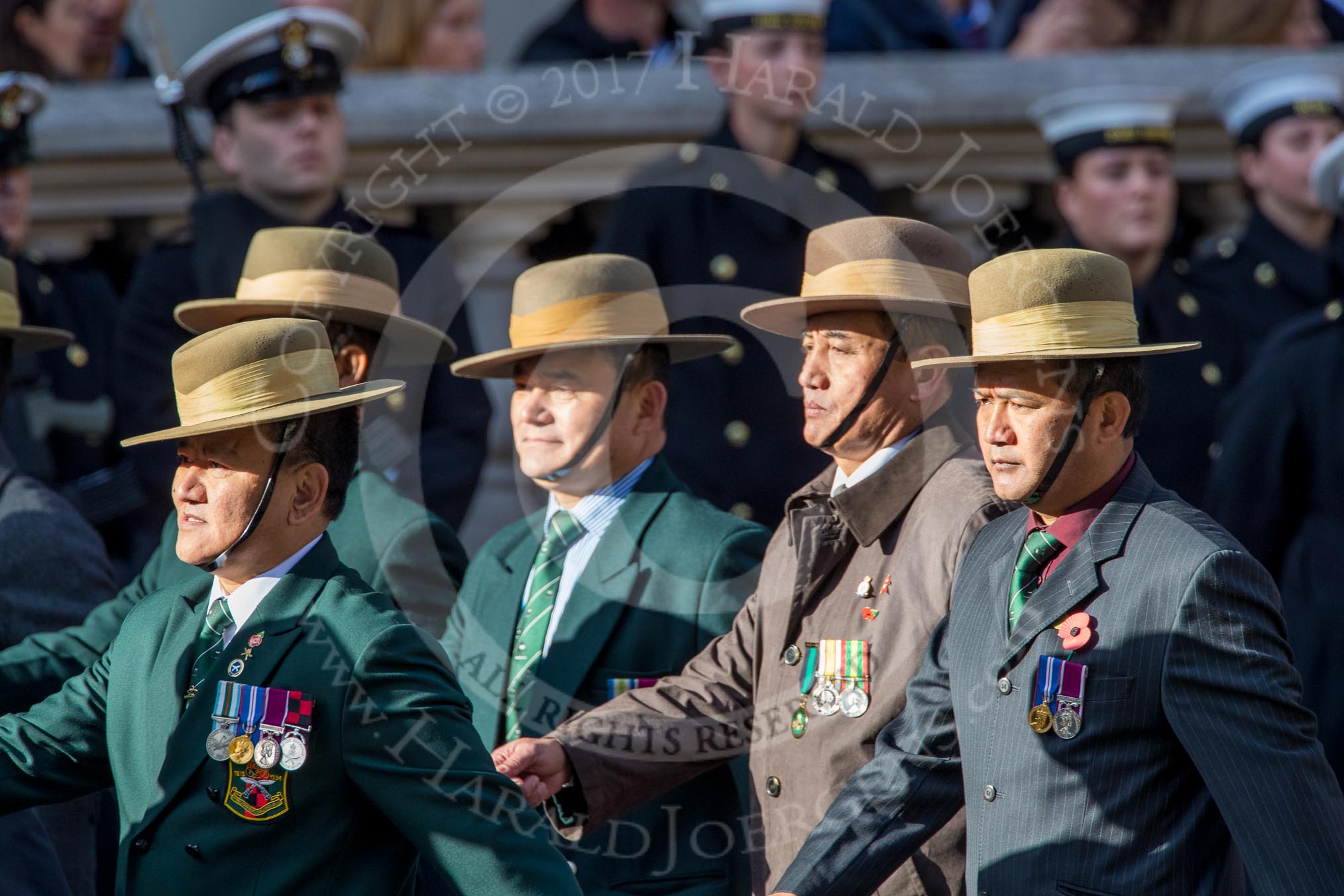 British Gurkha Welfare Society (Group D6, 5 members) during the Royal British Legion March Past on Remembrance Sunday at the Cenotaph, Whitehall, Westminster, London, 11 November 2018, 12:21.