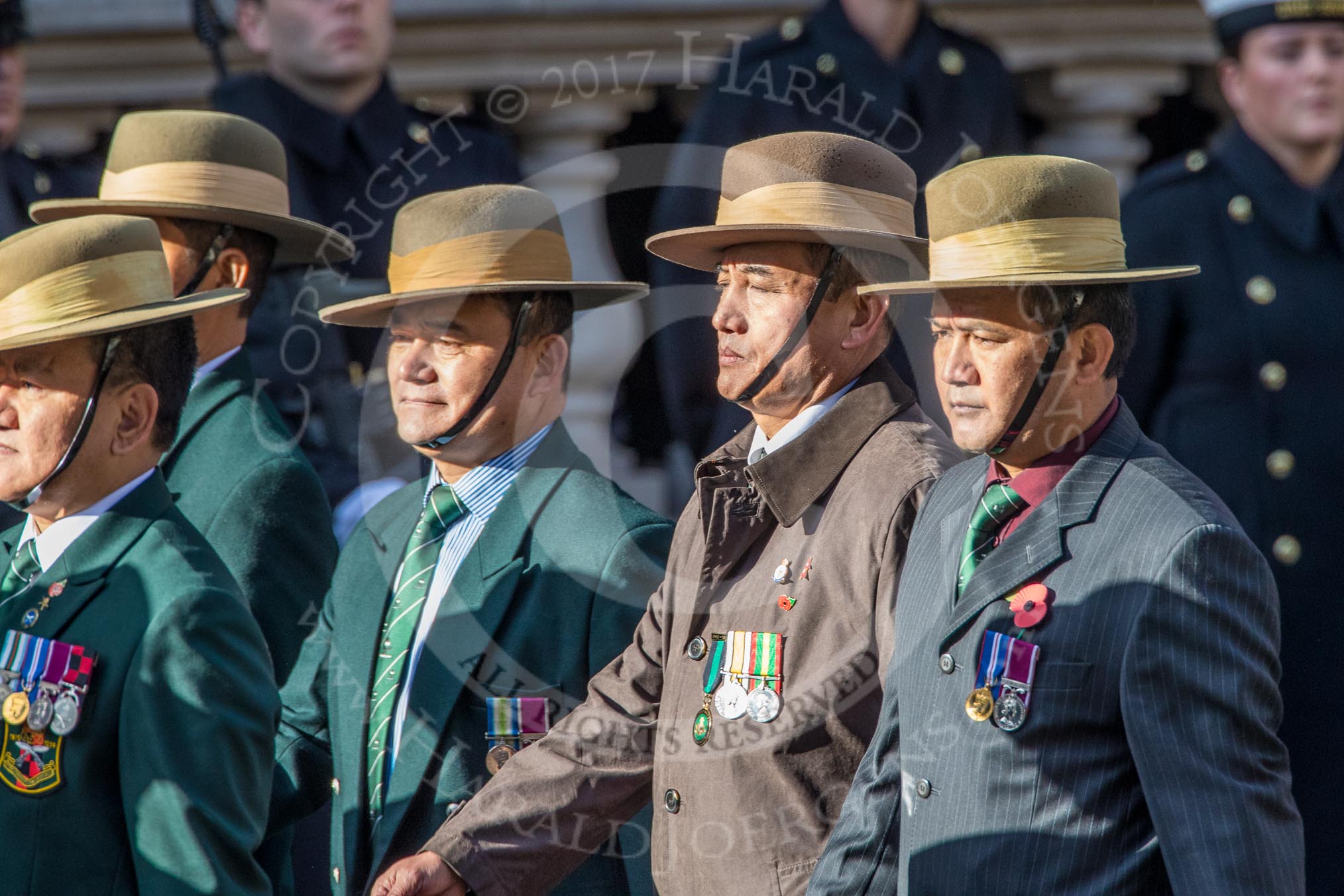 British Gurkha Welfare Society (Group D6, 5 members) during the Royal British Legion March Past on Remembrance Sunday at the Cenotaph, Whitehall, Westminster, London, 11 November 2018, 12:21.