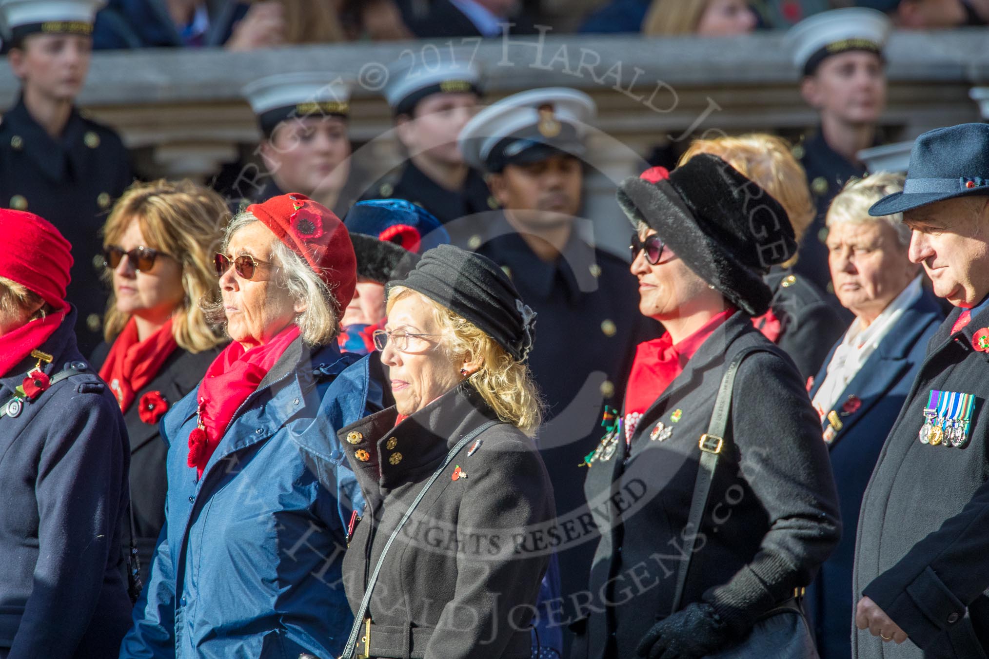 The War Widows' Association  of Great Britain (Group D7, 47 members) during the Royal British Legion March Past on Remembrance Sunday at the Cenotaph, Whitehall, Westminster, London, 11 November 2018, 12:21.