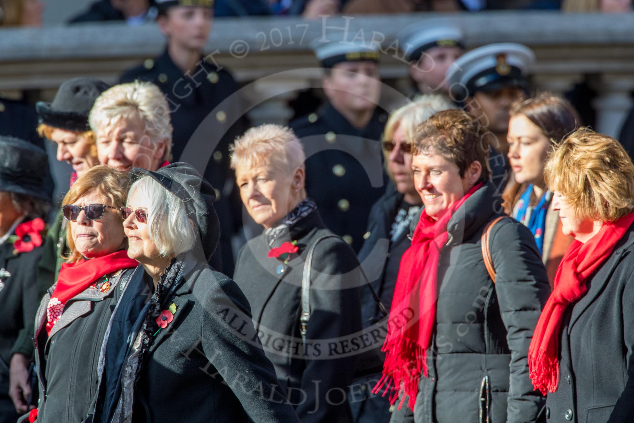 The War Widows' Association  of Great Britain (Group D7, 47 members) during the Royal British Legion March Past on Remembrance Sunday at the Cenotaph, Whitehall, Westminster, London, 11 November 2018, 12:21.