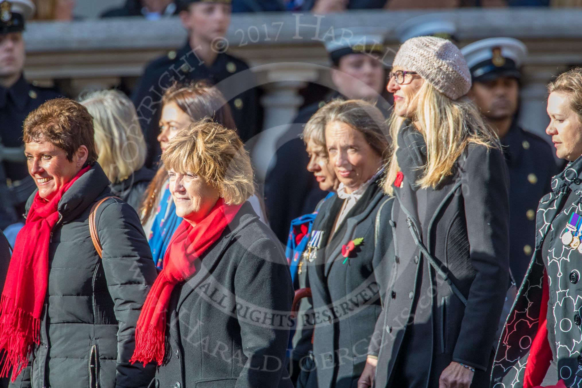 Photo #2217 (1811111221521X27998HaraldJoergens) The War Widows' Association of Great Britain (Group D7, 47 members) and RNRM Widows Association (Group D8, 10 members) during the Royal British Legion March Past on Remembrance Sunday at the Cenotaph, Whitehall, Westminster, London, 11 November 2018, 12:21.