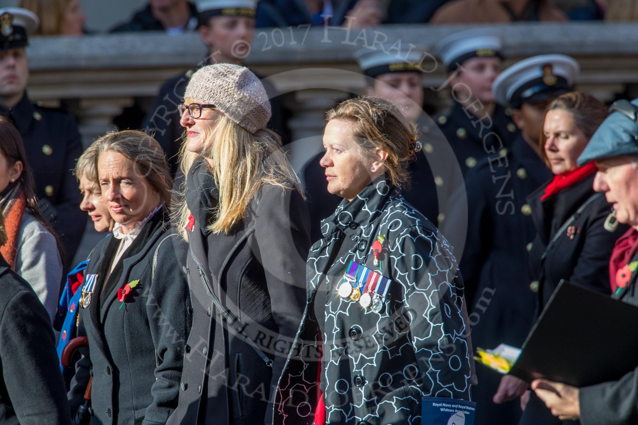RNRM Widows Association  (Group D8, 10 members) during the Royal British Legion March Past on Remembrance Sunday at the Cenotaph, Whitehall, Westminster, London, 11 November 2018, 12:21.