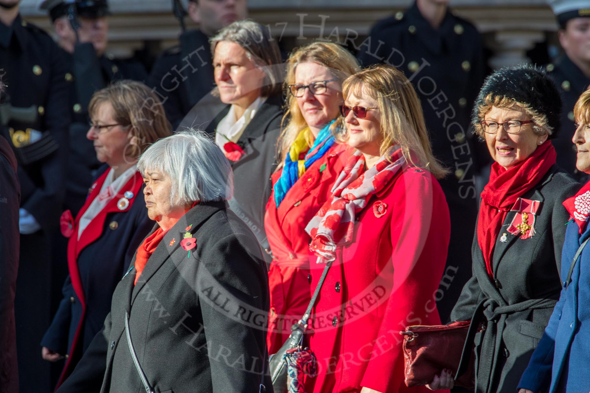 Army Widows Association  (Group D9, 17 members) during the Royal British Legion March Past on Remembrance Sunday at the Cenotaph, Whitehall, Westminster, London, 11 November 2018, 12:21.