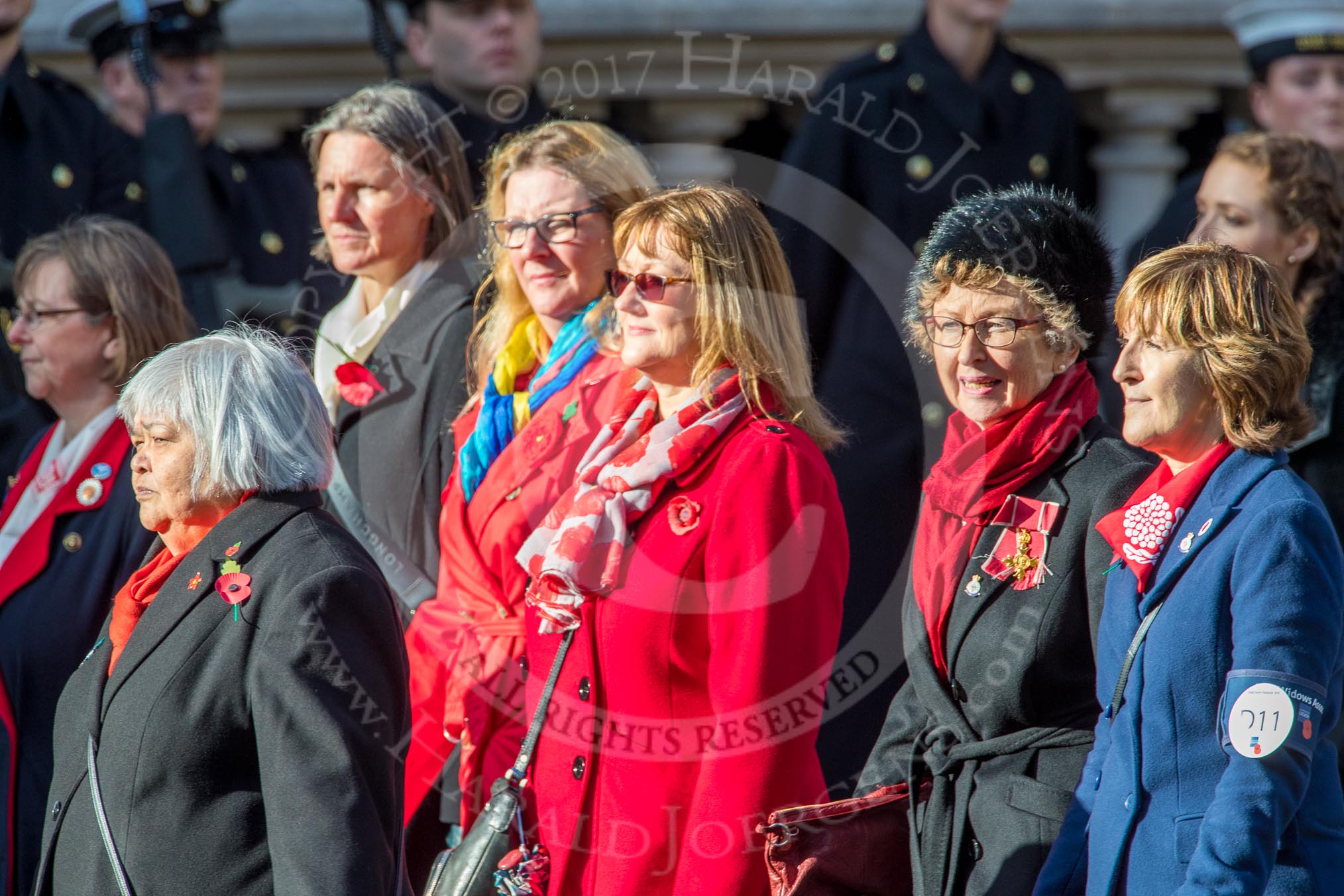 RAF Widows Association   (Group D11, 11 members) during the Royal British Legion March Past on Remembrance Sunday at the Cenotaph, Whitehall, Westminster, London, 11 November 2018, 12:21.