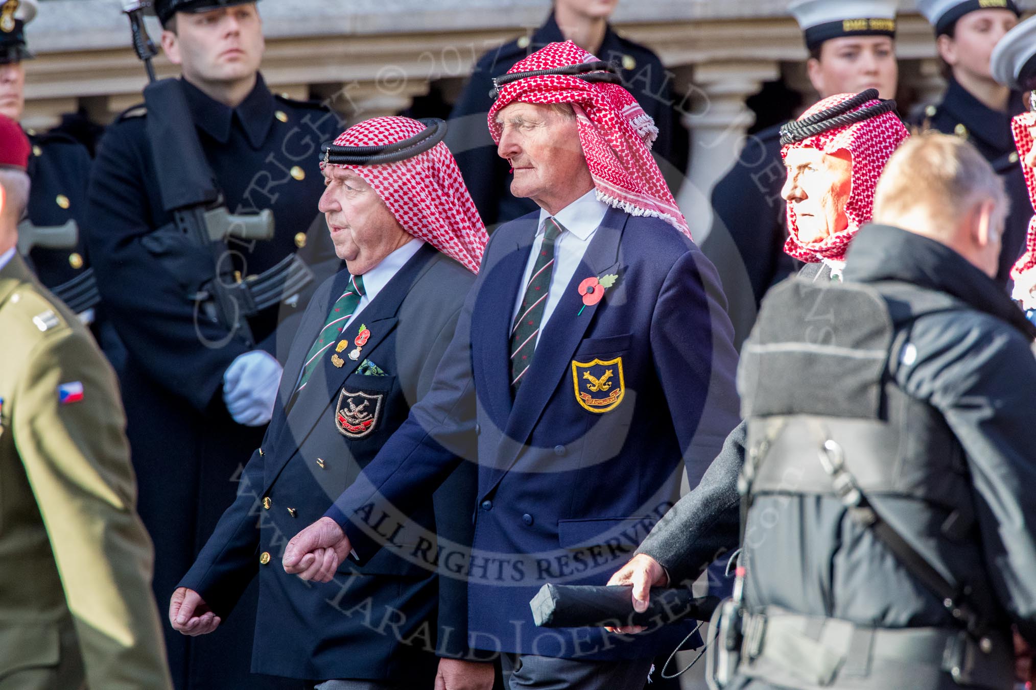 Trucial Oman Scouts Association  (Group D19, 20 members) during the Royal British Legion March Past on Remembrance Sunday at the Cenotaph, Whitehall, Westminster, London, 11 November 2018, 12:23.
