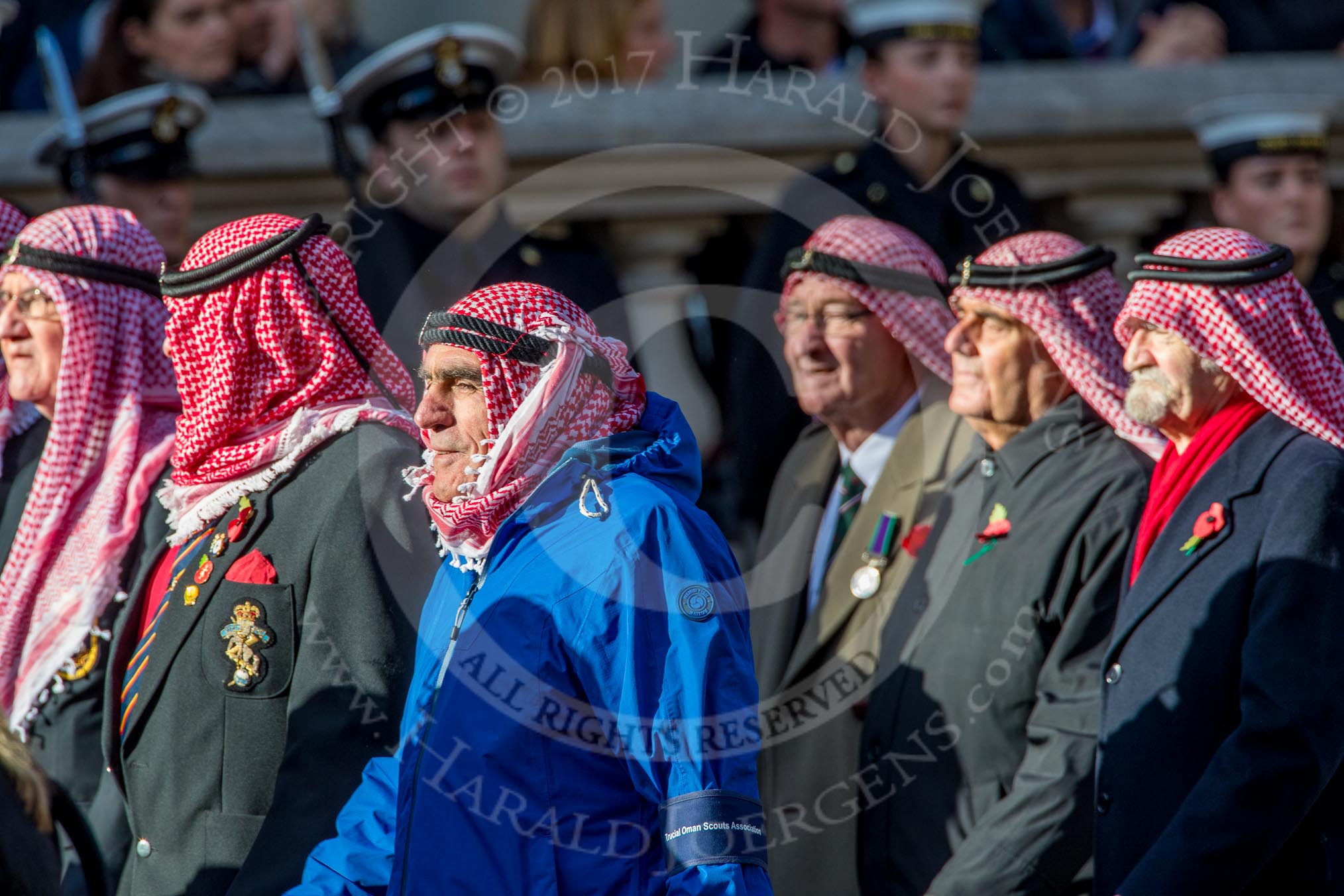 Trucial Oman Scouts Association  (Group D19, 20 members) during the Royal British Legion March Past on Remembrance Sunday at the Cenotaph, Whitehall, Westminster, London, 11 November 2018, 12:23.