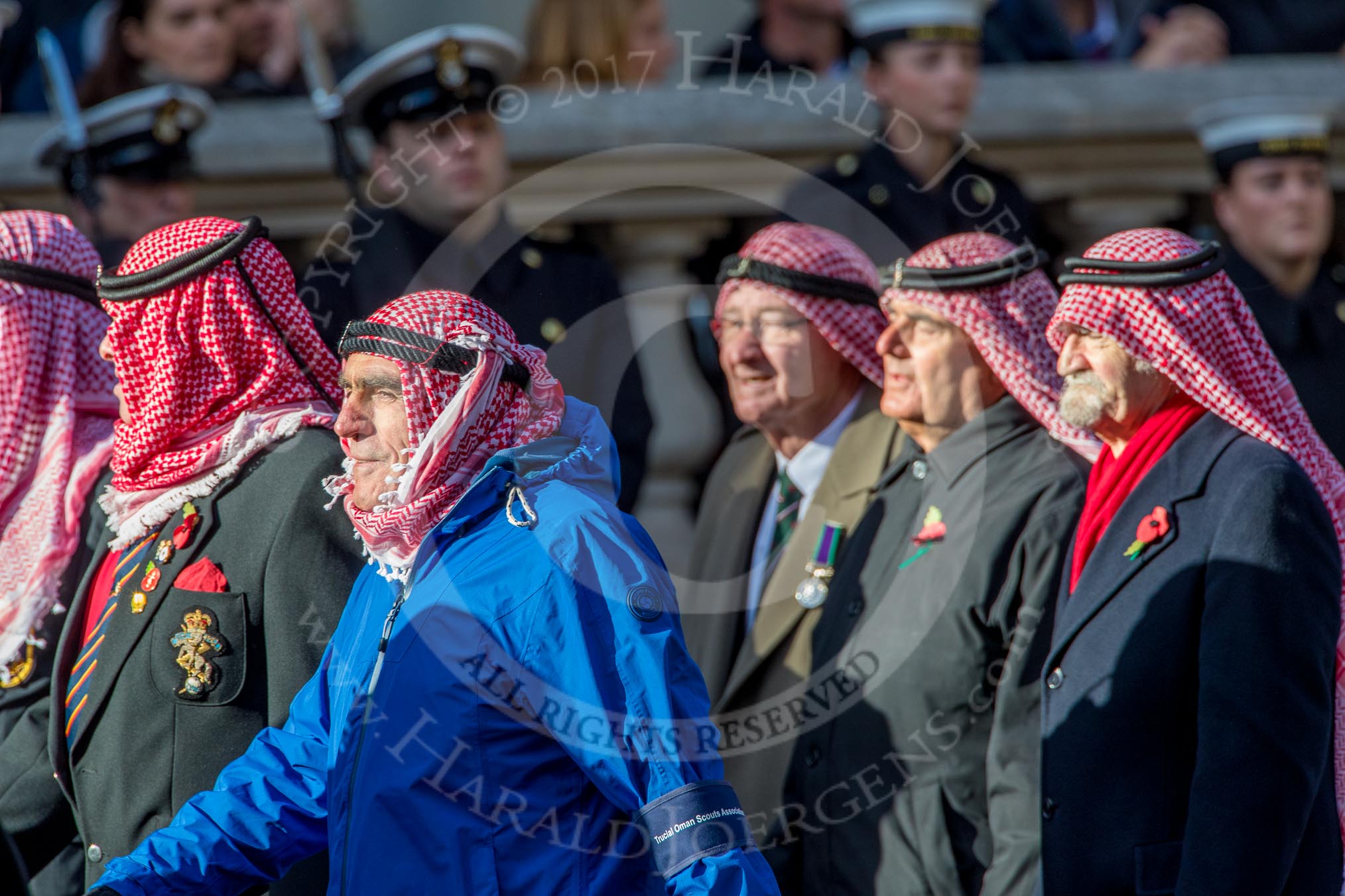 Trucial Oman Scouts Association  (Group D19, 20 members) during the Royal British Legion March Past on Remembrance Sunday at the Cenotaph, Whitehall, Westminster, London, 11 November 2018, 12:23.