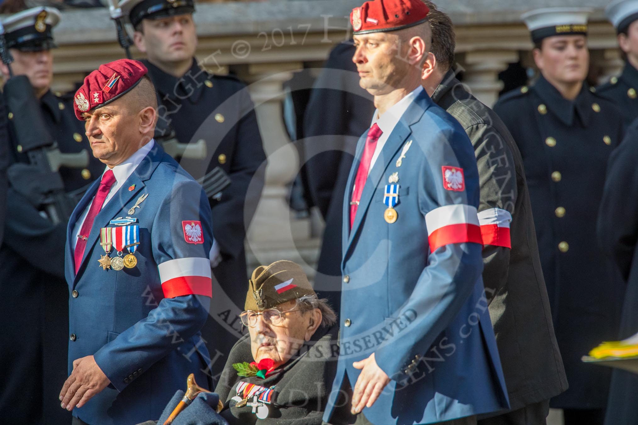 Stowarzyszenie Przyjaciol Polskich Weteranow -SPPW (Group D20, 30 members) during the Royal British Legion March Past on Remembrance Sunday at the Cenotaph, Whitehall, Westminster, London, 11 November 2018, 12:24.