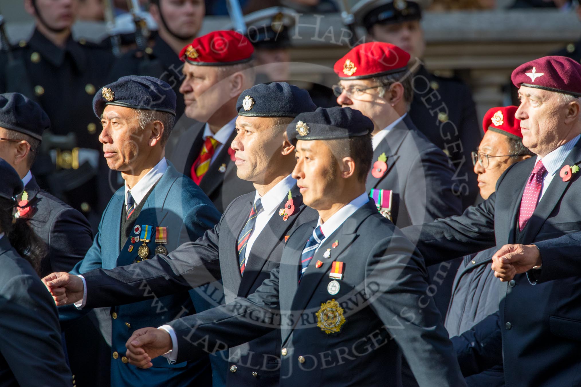Hong Kong Military Service Corps - HKMSC (Group D21, 36 members) during the Royal British Legion March Past on Remembrance Sunday at the Cenotaph, Whitehall, Westminster, London, 11 November 2018, 12:24.