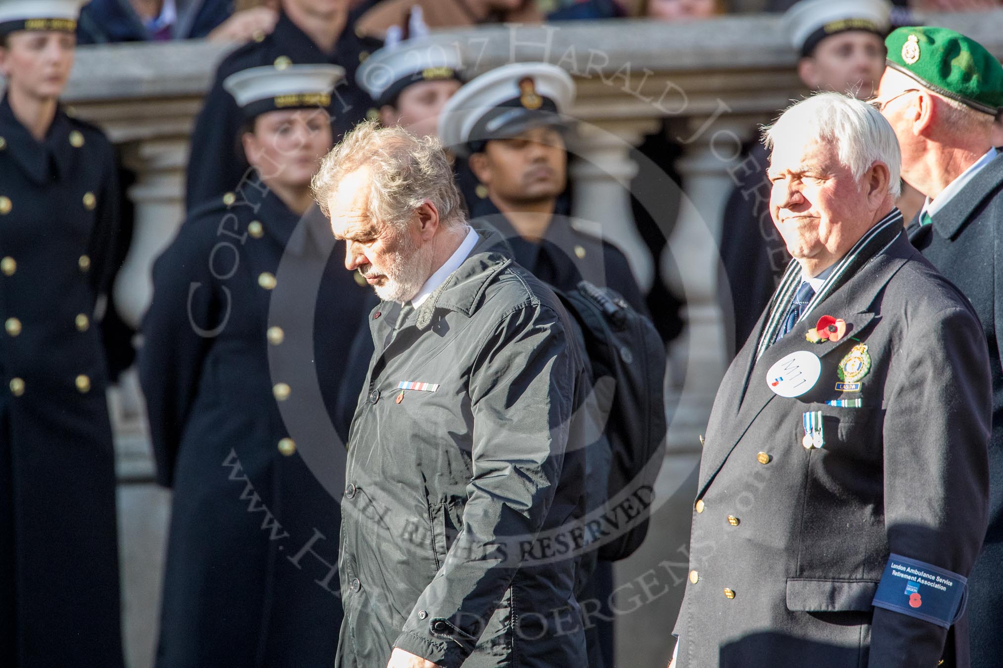 London Ambulance Service Retirement Association (Group M11, 10 members) during the Royal British Legion March Past on Remembrance Sunday at the Cenotaph, Whitehall, Westminster, London, 11 November 2018, 12:26.