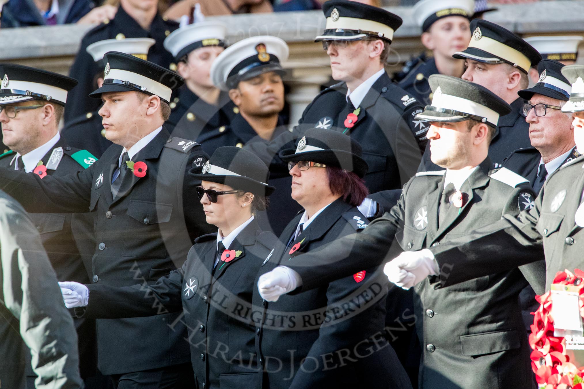 St John Ambulance (Group M12, 25 members) during the Royal British Legion March Past on Remembrance Sunday at the Cenotaph, Whitehall, Westminster, London, 11 November 2018, 12:26.