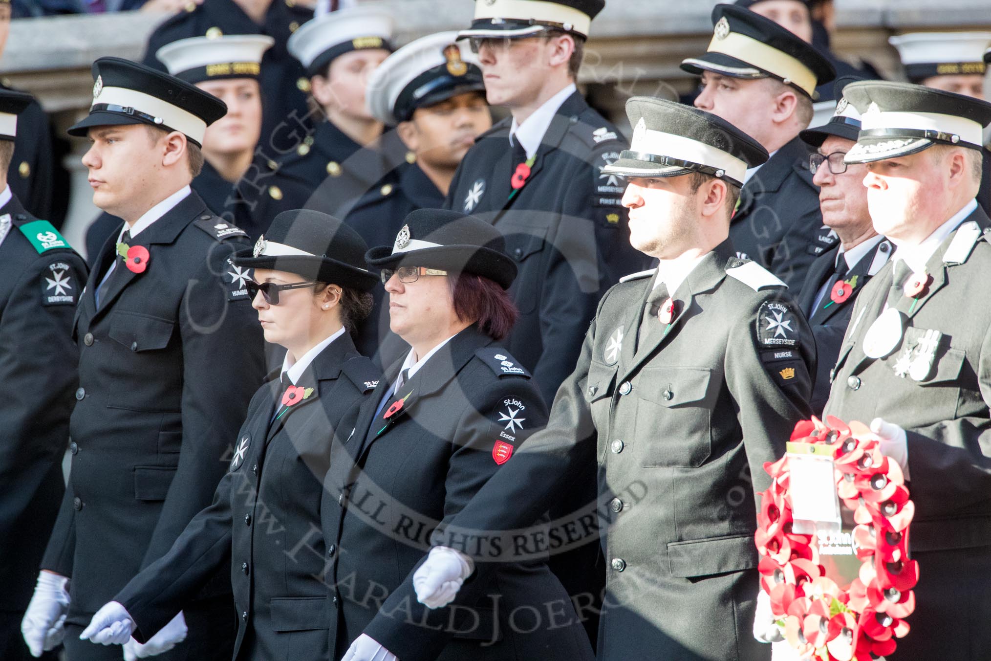 St John Ambulance (Group M12, 25 members) during the Royal British Legion March Past on Remembrance Sunday at the Cenotaph, Whitehall, Westminster, London, 11 November 2018, 12:26.