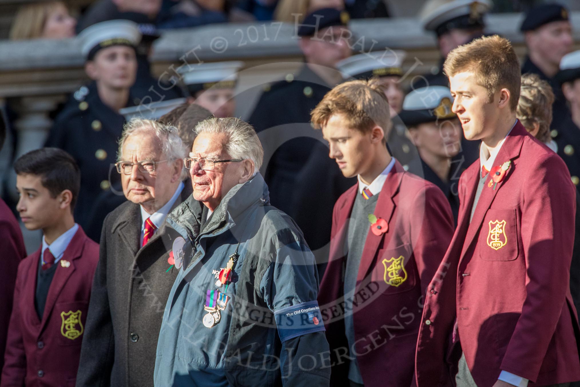The Old Cryptians Club (Group M22, 18 members) during the Royal British Legion March Past on Remembrance Sunday at the Cenotaph, Whitehall, Westminster, London, 11 November 2018, 12:27.