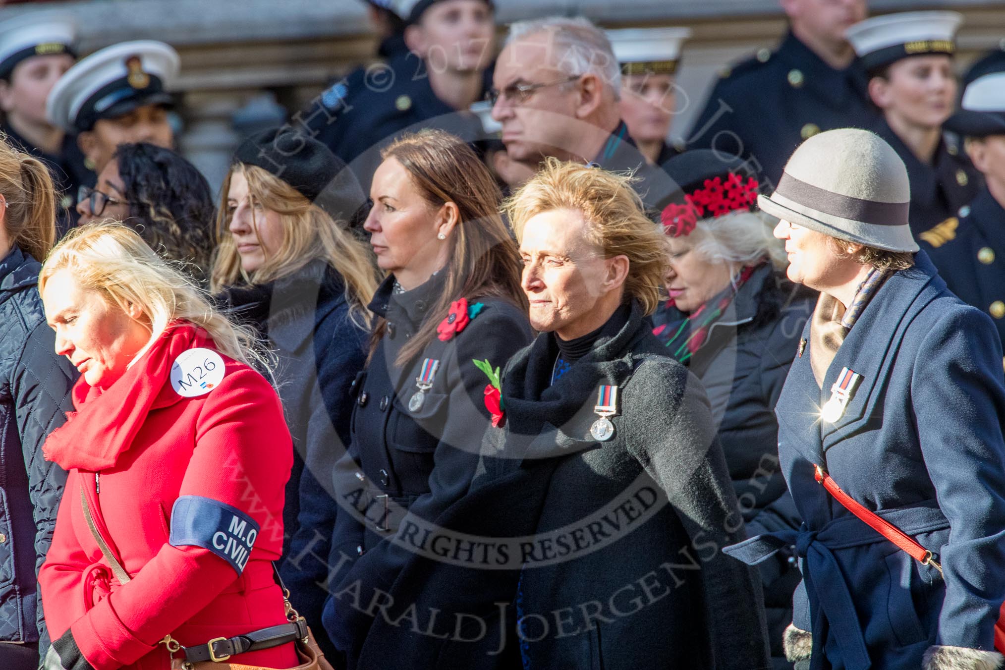 MOD Civilians (Group M26, 17 members) during the Royal British Legion March Past on Remembrance Sunday at the Cenotaph, Whitehall, Westminster, London, 11 November 2018, 12:28.