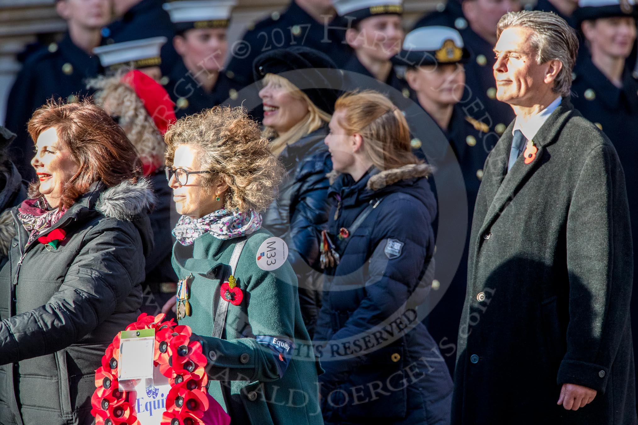 Equity (Group M33, 10 members) during the Royal British Legion March Past on Remembrance Sunday at the Cenotaph, Whitehall, Westminster, London, 11 November 2018, 12:28.