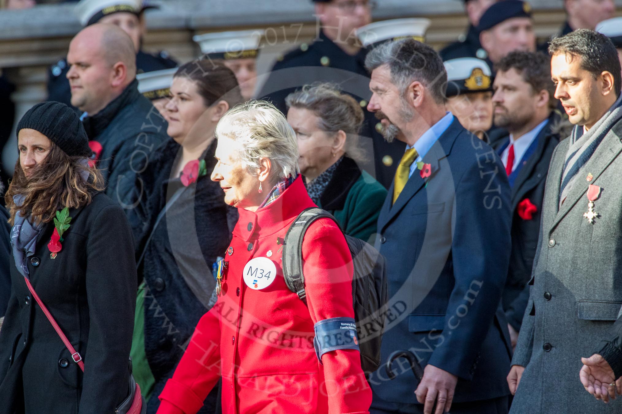 Romany & Traveller FHS (Group M34, 18 members) during the Royal British Legion March Past on Remembrance Sunday at the Cenotaph, Whitehall, Westminster, London, 11 November 2018, 12:28.