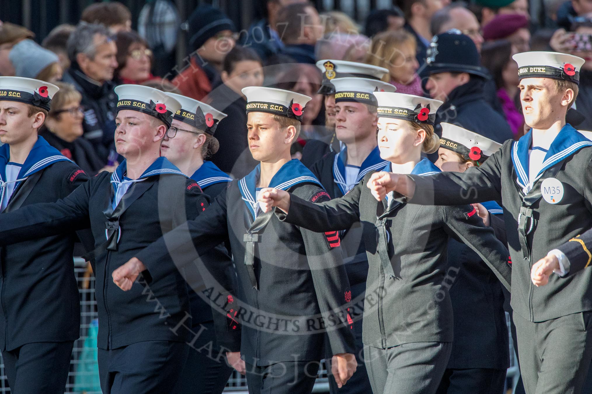 Sea Cadets Corps (Group M35, ?? members) during the Royal British Legion March Past on Remembrance Sunday at the Cenotaph, Whitehall, Westminster, London, 11 November 2018, 12:29.