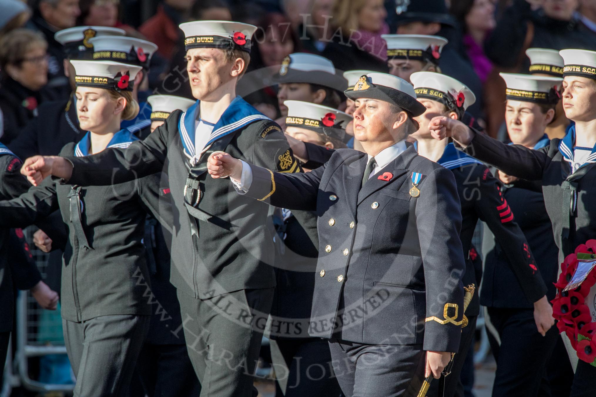 Sea Cadets Corps (Group M35, ?? members) during the Royal British Legion March Past on Remembrance Sunday at the Cenotaph, Whitehall, Westminster, London, 11 November 2018, 12:29.