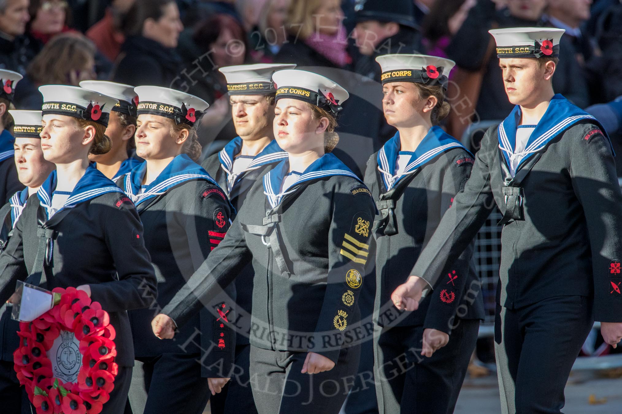 Sea Cadets Corps (Group M35, ?? members) during the Royal British Legion March Past on Remembrance Sunday at the Cenotaph, Whitehall, Westminster, London, 11 November 2018, 12:29.