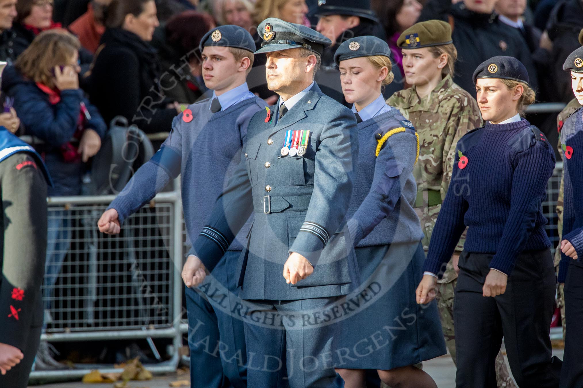 RAF- and Army Cadets (Group M35, ?? members) during the Royal British Legion March Past on Remembrance Sunday at the Cenotaph, Whitehall, Westminster, London, 11 November 2018, 12:29.