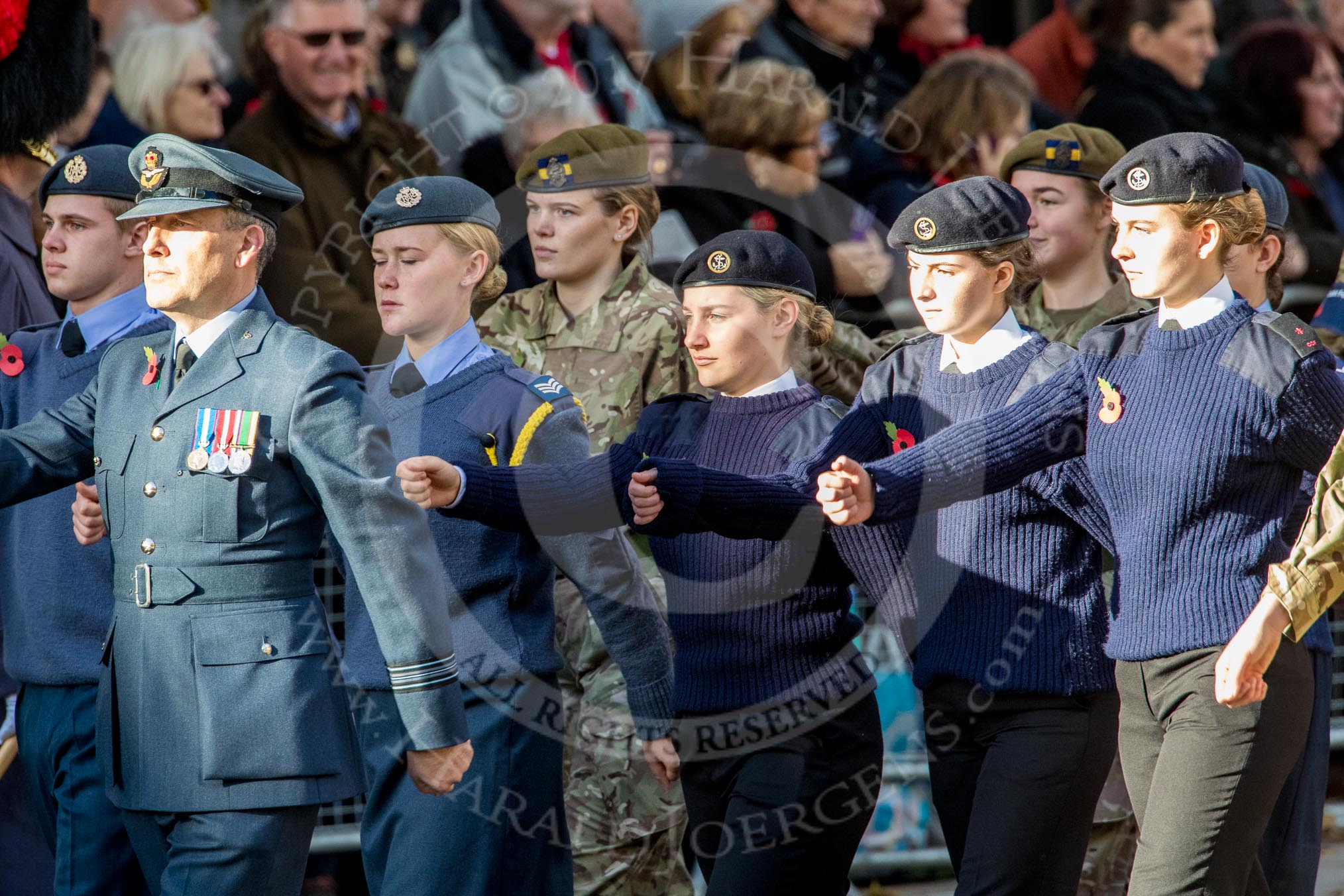 RAF- and Army Cadets (Group M35, ?? members) during the Royal British Legion March Past on Remembrance Sunday at the Cenotaph, Whitehall, Westminster, London, 11 November 2018, 12:29.