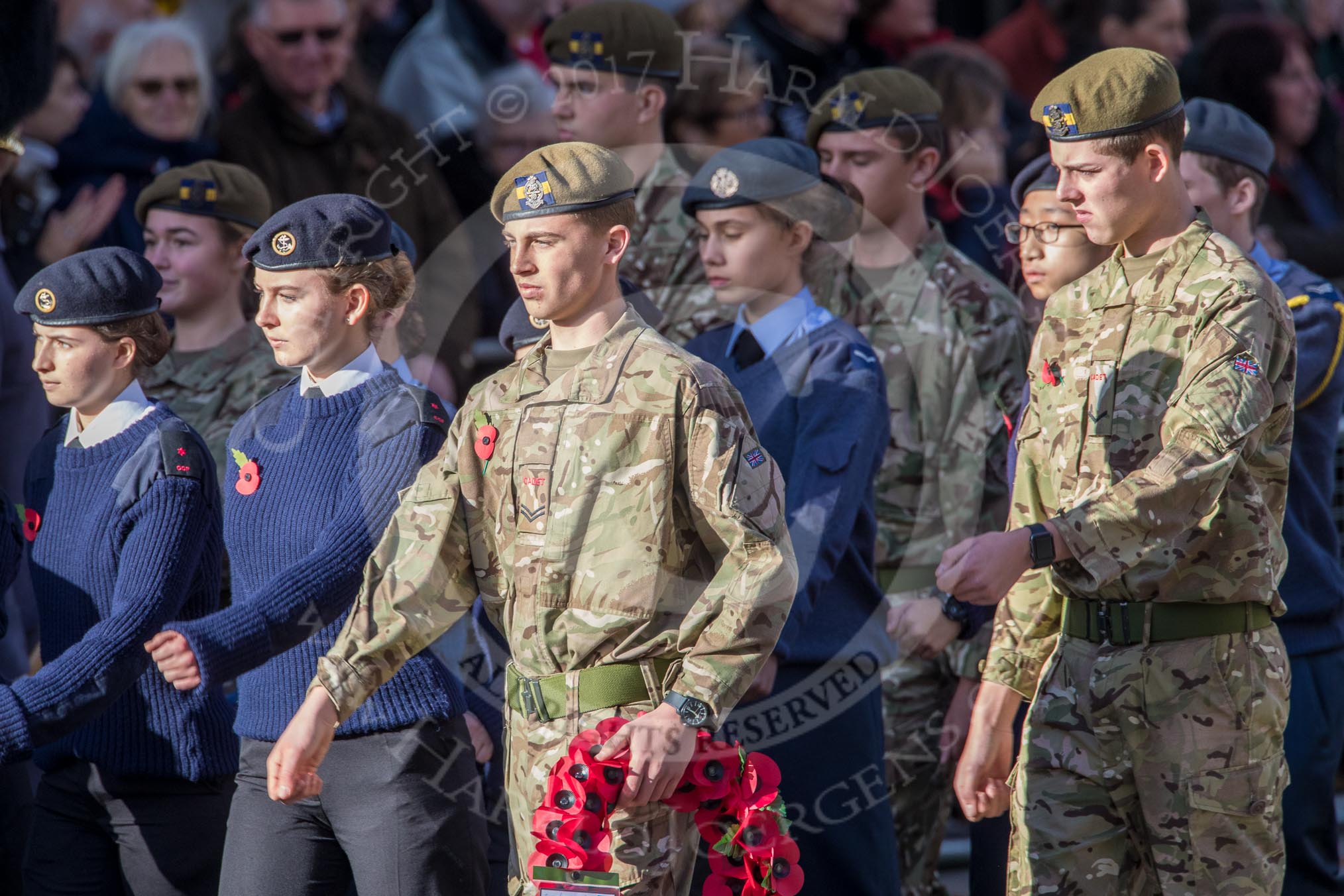 RAF- and Army Cadets (Group M35, ?? members) during the Royal British Legion March Past on Remembrance Sunday at the Cenotaph, Whitehall, Westminster, London, 11 November 2018, 12:29.