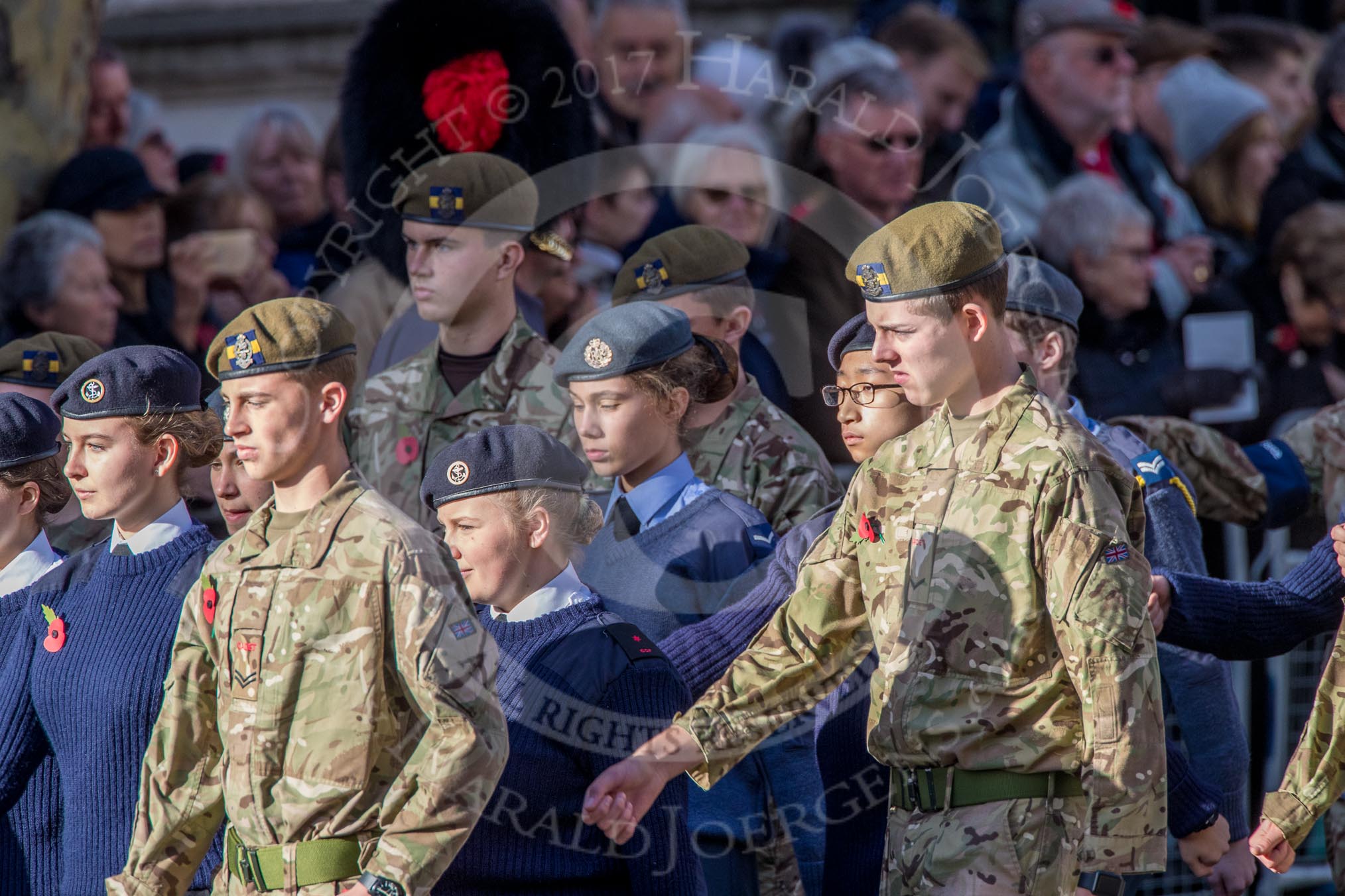 RAF- and Army Cadets (Group M35, ?? members) during the Royal British Legion March Past on Remembrance Sunday at the Cenotaph, Whitehall, Westminster, London, 11 November 2018, 12:29.