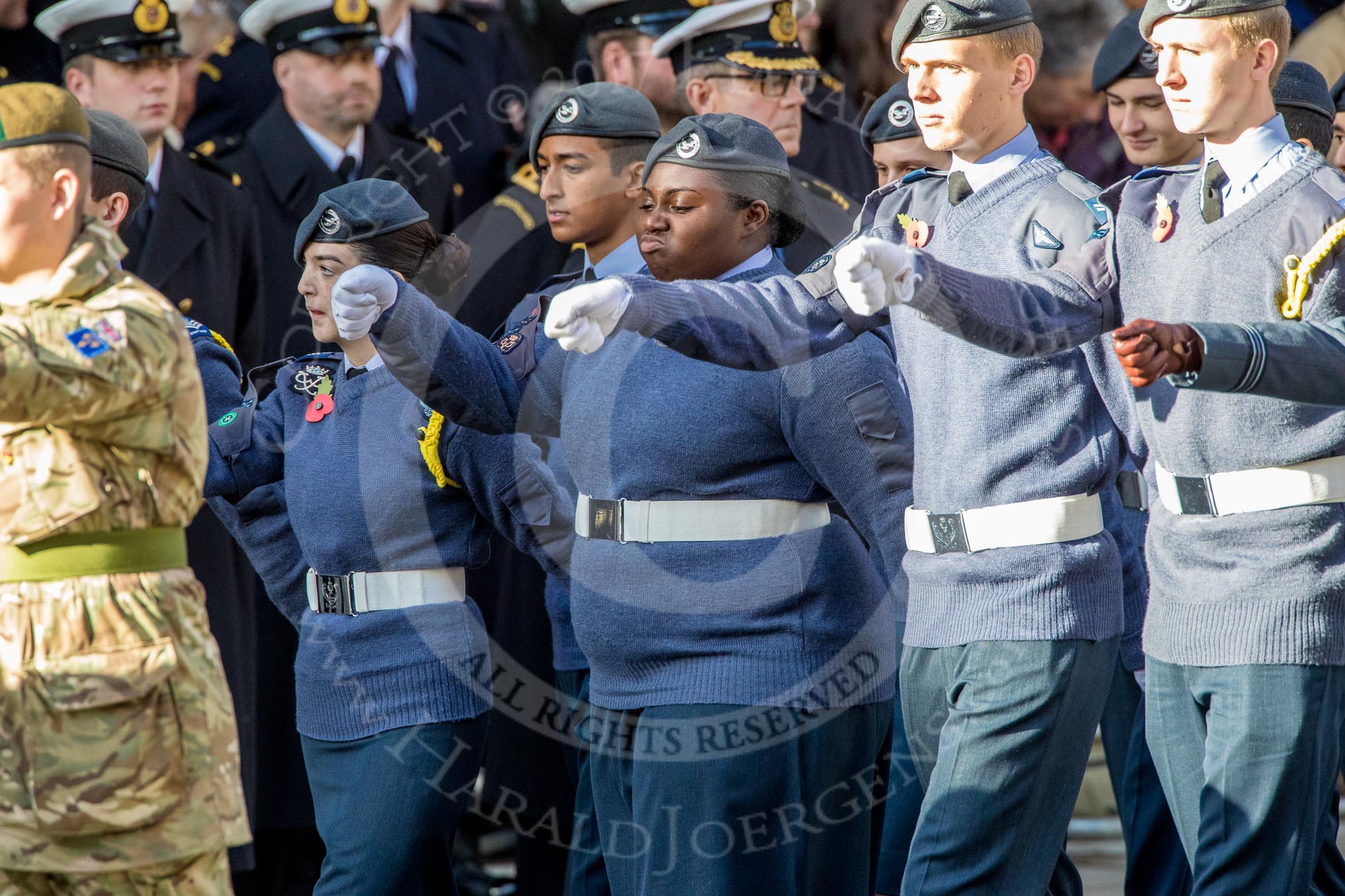 RAF- and Army Cadets (Group M35, ?? members) during the Royal British Legion March Past on Remembrance Sunday at the Cenotaph, Whitehall, Westminster, London, 11 November 2018, 12:29.