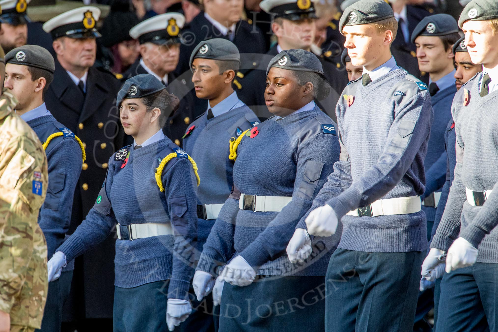 RAF- and Army Cadets (Group M35, ?? members) during the Royal British Legion March Past on Remembrance Sunday at the Cenotaph, Whitehall, Westminster, London, 11 November 2018, 12:29.