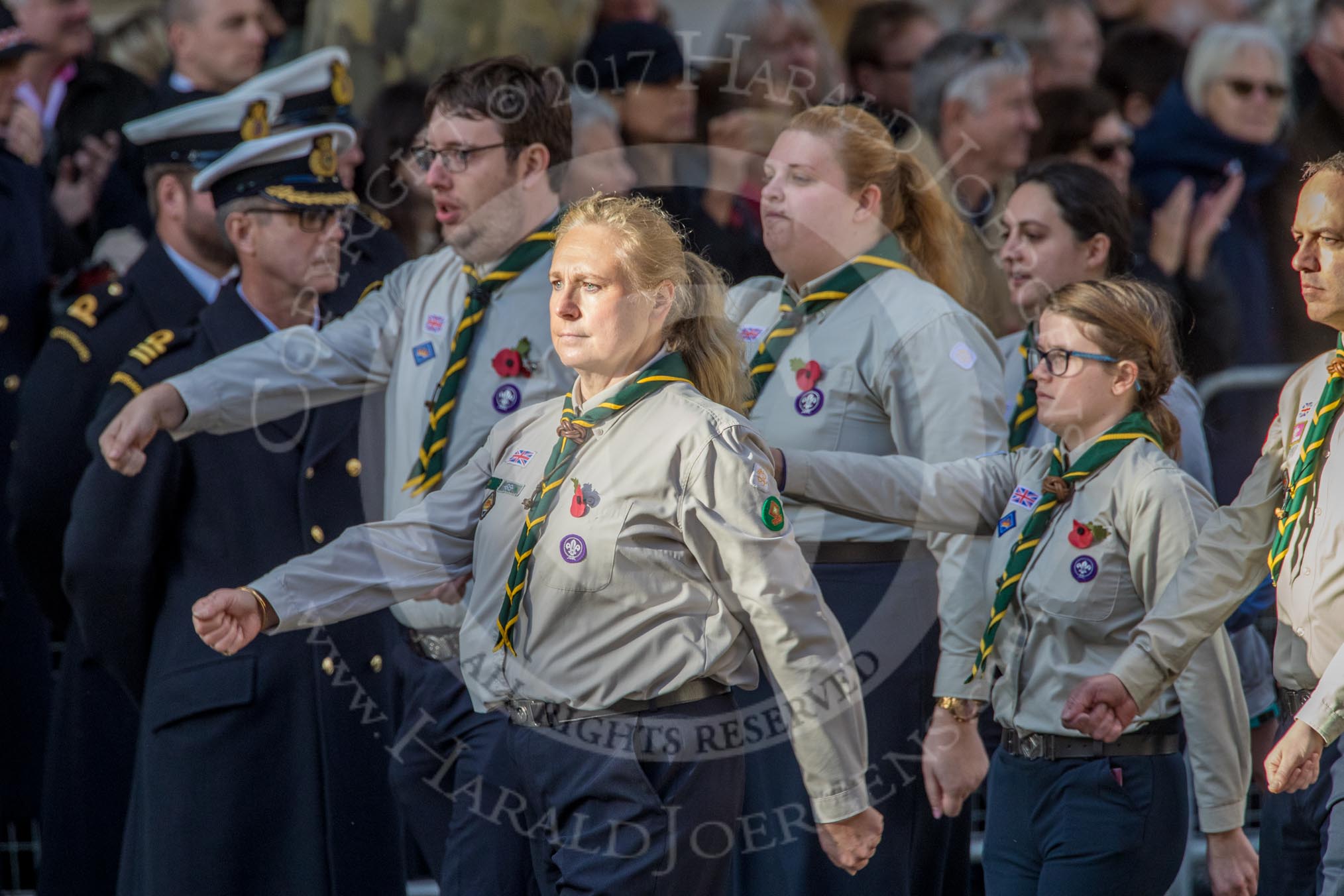 The Scout Association (Group M36, 30 members) during the Royal British Legion March Past on Remembrance Sunday at the Cenotaph, Whitehall, Westminster, London, 11 November 2018, 12:30.