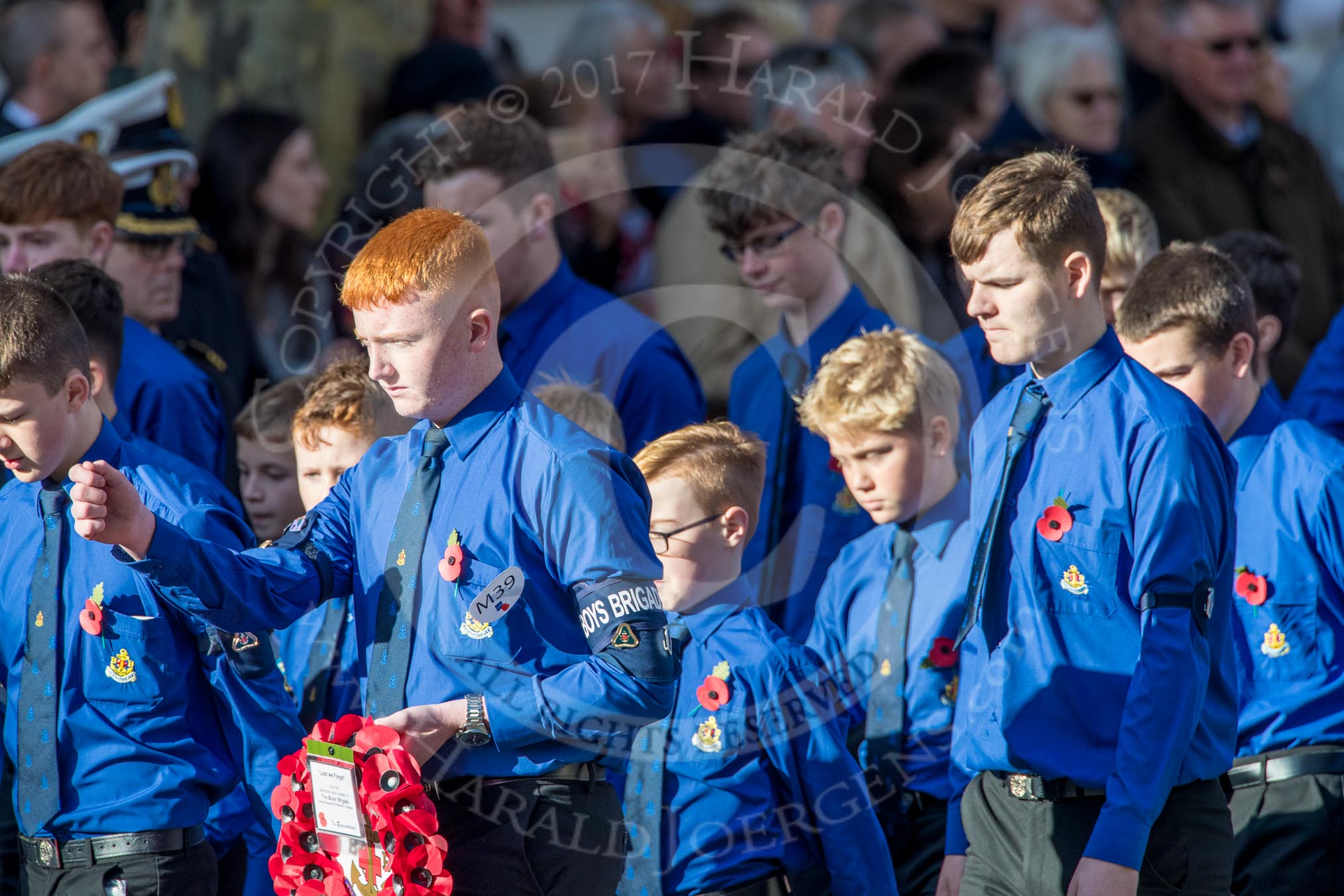 The Boys' Brigade (Group M39, 79 members) during the Royal British Legion March Past on Remembrance Sunday at the Cenotaph, Whitehall, Westminster, London, 11 November 2018, 12:30.