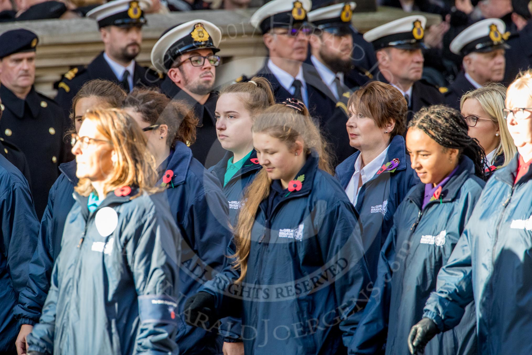 The Girls' Brigade England & Wales (Group M40, 16 members) during the Royal British Legion March Past on Remembrance Sunday at the Cenotaph, Whitehall, Westminster, London, 11 November 2018, 12:30.