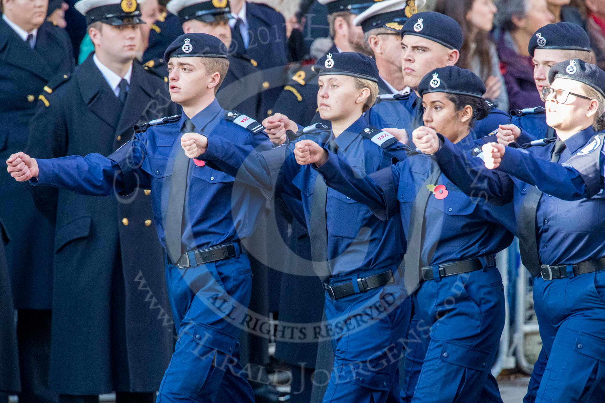 Metropolitan Police Volunteer Police Cadets (Group M42, 16 members) during the Royal British Legion March Past on Remembrance Sunday at the Cenotaph, Whitehall, Westminster, London, 11 November 2018, 12:31.