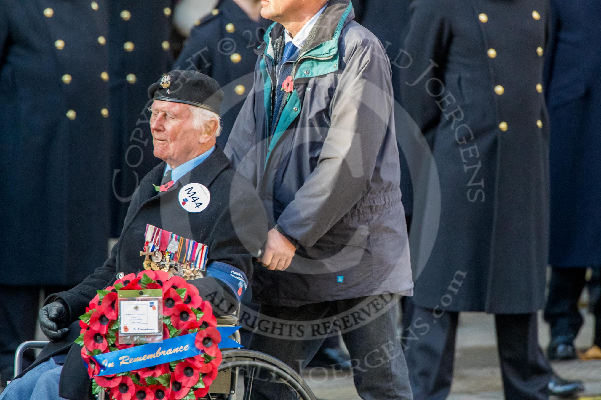 Polish Ex-Combatants Association Trust Fund (Group M44, 4 members) during the Royal British Legion March Past on Remembrance Sunday at the Cenotaph, Whitehall, Westminster, London, 11 November 2018, 12:31.