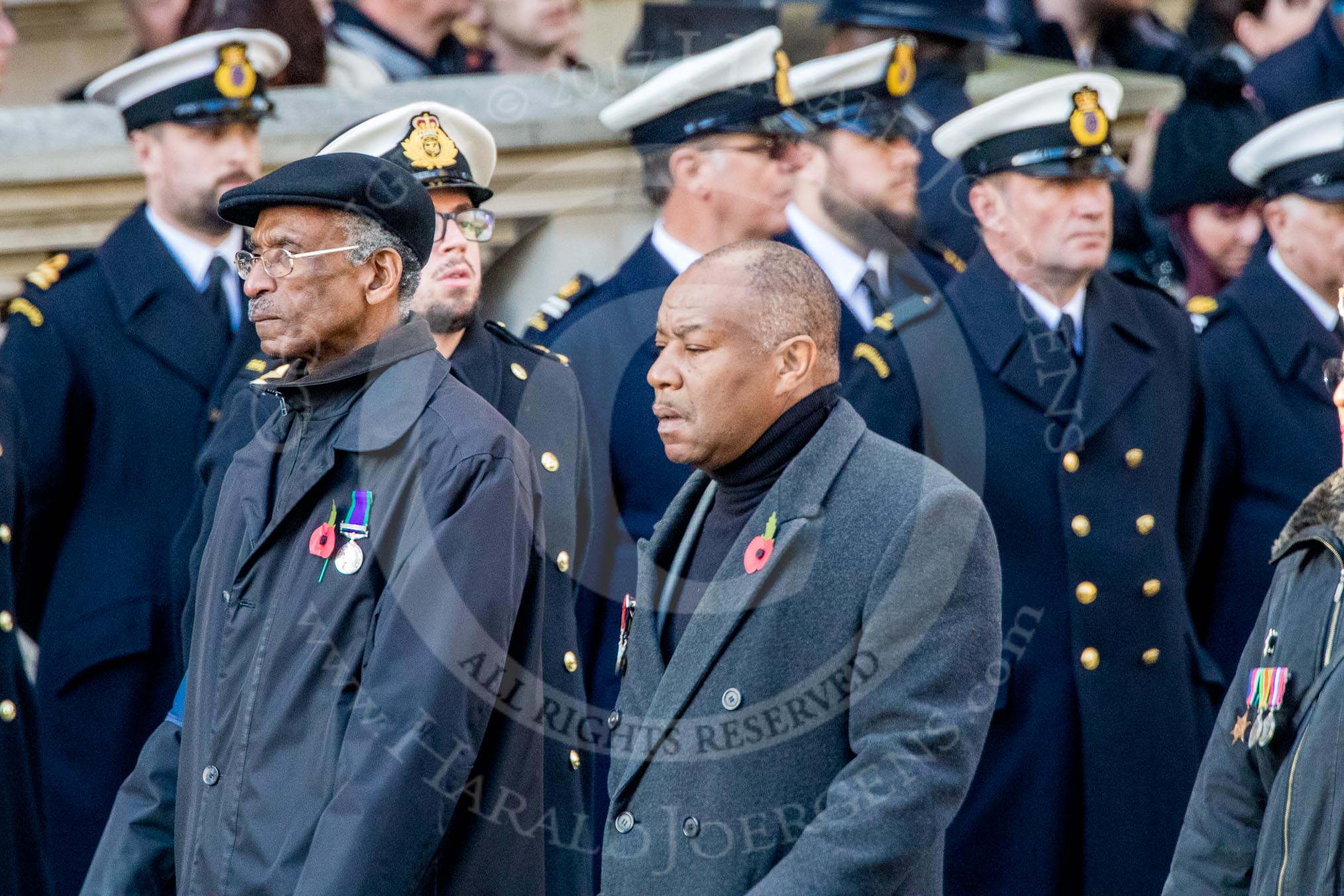 The West India Regimental Heritage Trust (Group M45, 7 members) during the Royal British Legion March Past on Remembrance Sunday at the Cenotaph, Whitehall, Westminster, London, 11 November 2018, 12:31.