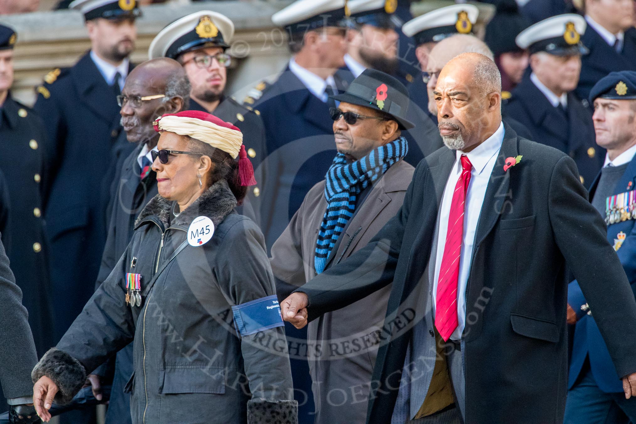 The West India Regimental Heritage Trust (Group M45, 7 members) during the Royal British Legion March Past on Remembrance Sunday at the Cenotaph, Whitehall, Westminster, London, 11 November 2018, 12:31.