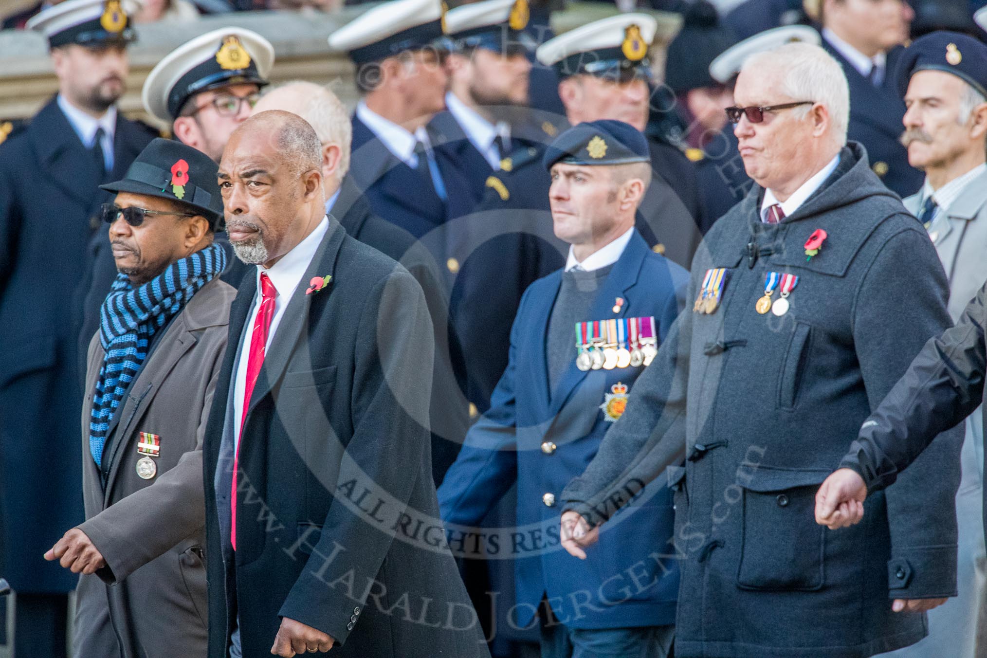 The West India Regimental Heritage Trust (Group M45, 7 members) during the Royal British Legion March Past on Remembrance Sunday at the Cenotaph, Whitehall, Westminster, London, 11 November 2018, 12:31.