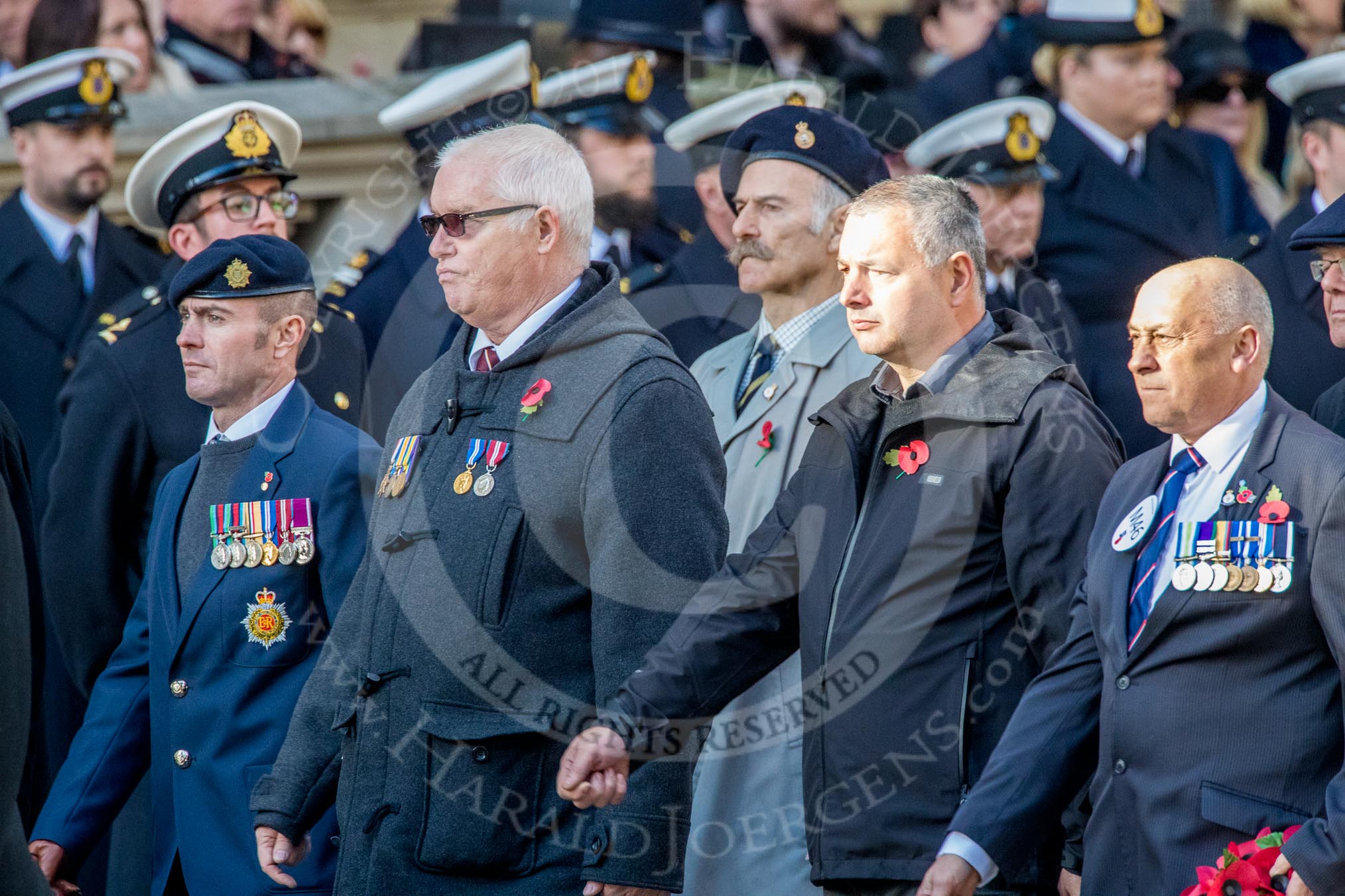 Union Jack Club (Group M46, 12 members) during the Royal British Legion March Past on Remembrance Sunday at the Cenotaph, Whitehall, Westminster, London, 11 November 2018, 12:31.