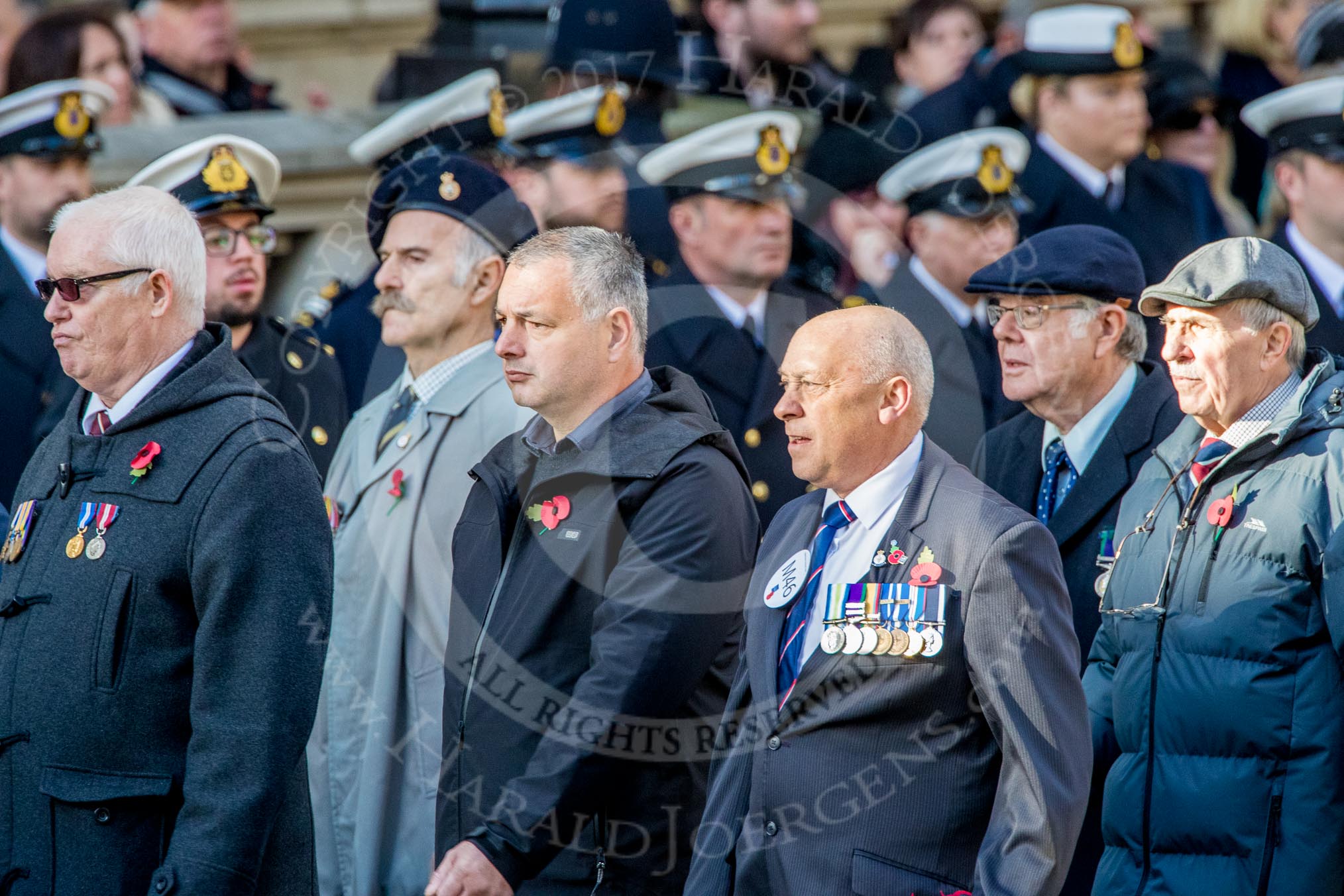 Union Jack Club (Group M46, 12 members) during the Royal British Legion March Past on Remembrance Sunday at the Cenotaph, Whitehall, Westminster, London, 11 November 2018, 12:31.