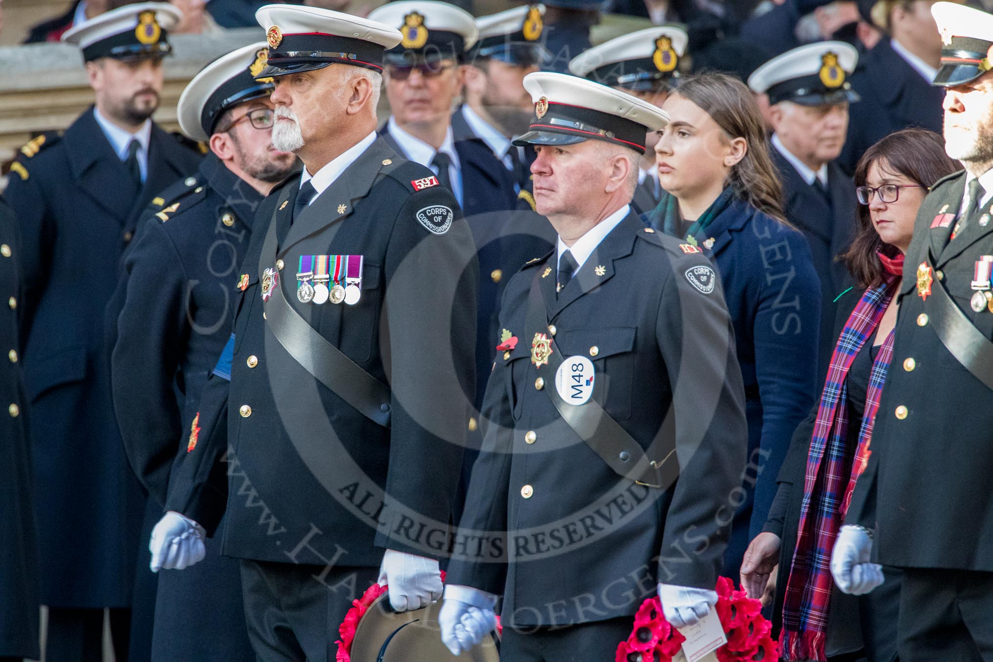 Corps Security (Group M48, 4 members) during the Royal British Legion March Past on Remembrance Sunday at the Cenotaph, Whitehall, Westminster, London, 11 November 2018, 12:31.