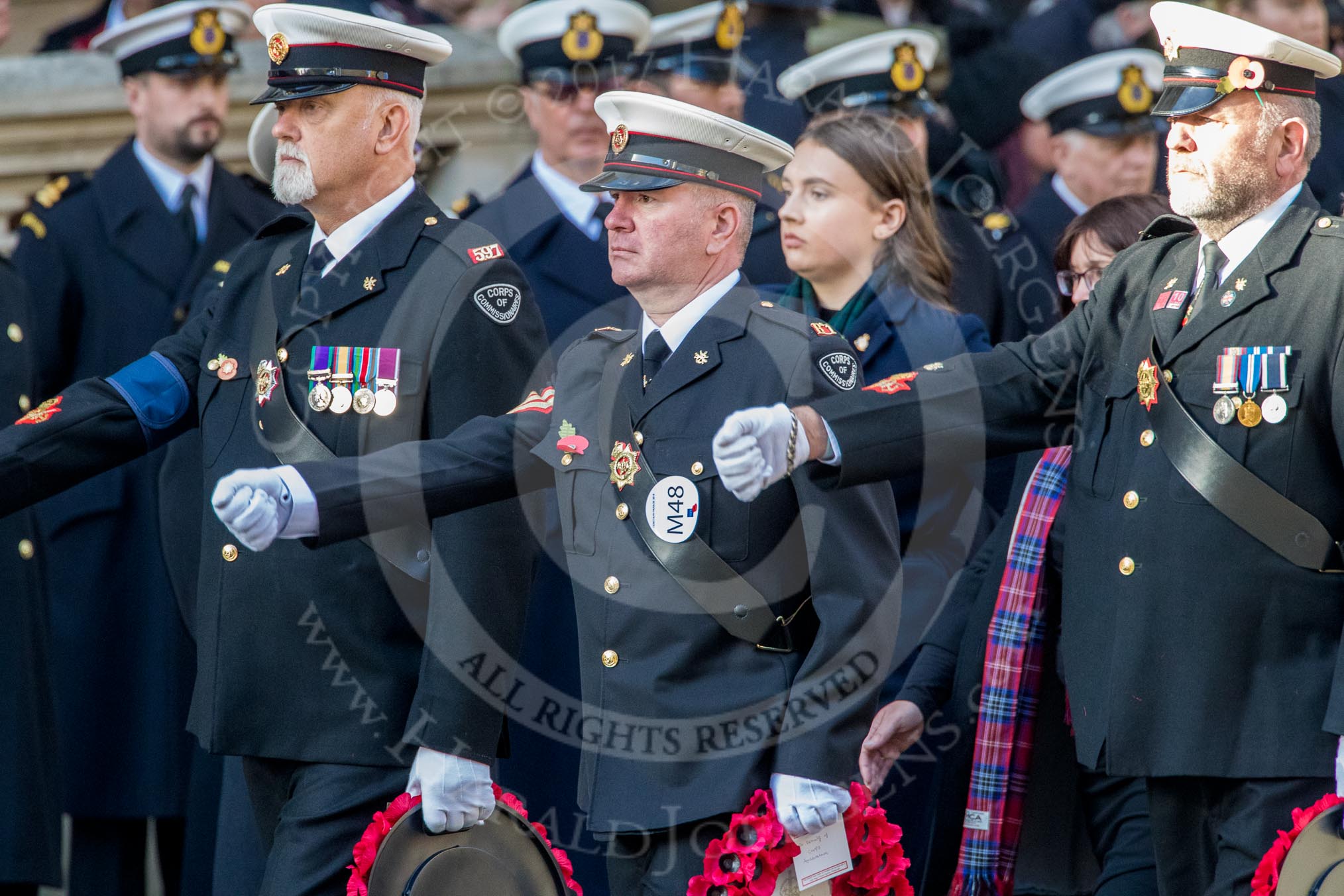 Corps Security (Group M48, 4 members) during the Royal British Legion March Past on Remembrance Sunday at the Cenotaph, Whitehall, Westminster, London, 11 November 2018, 12:31.