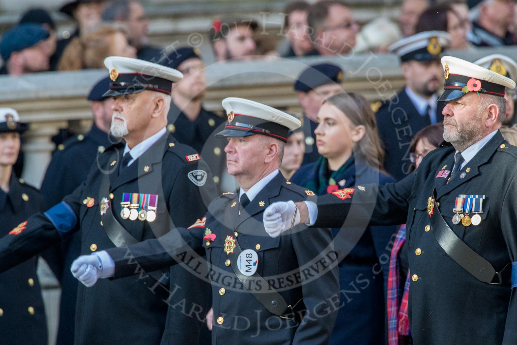 Corps Security (Group M48, 4 members) during the Royal British Legion March Past on Remembrance Sunday at the Cenotaph, Whitehall, Westminster, London, 11 November 2018, 12:31.
